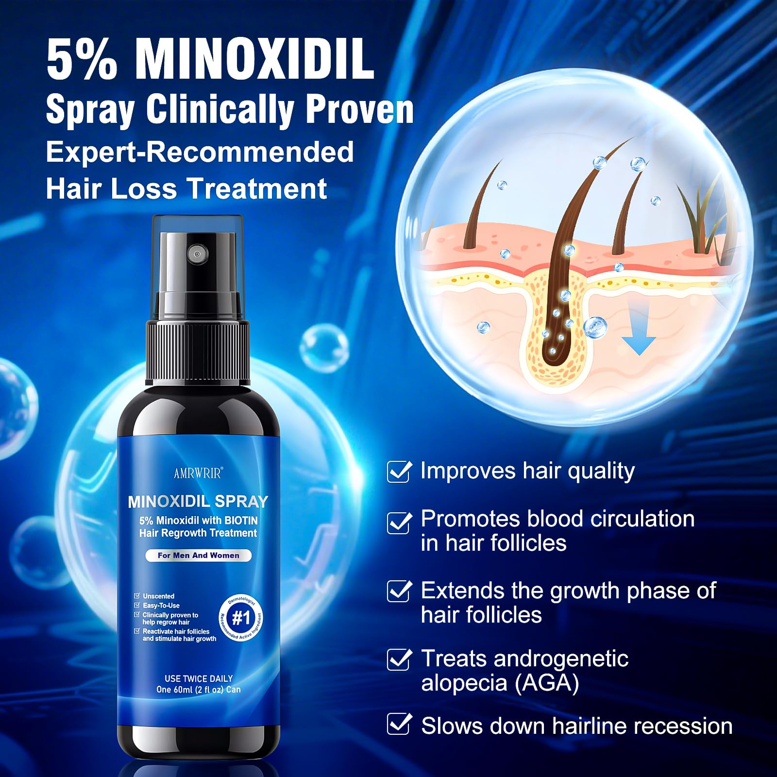 AMRWRIR Minoxidil biotine et ricin: peut aider croissance cheveux et barbe.