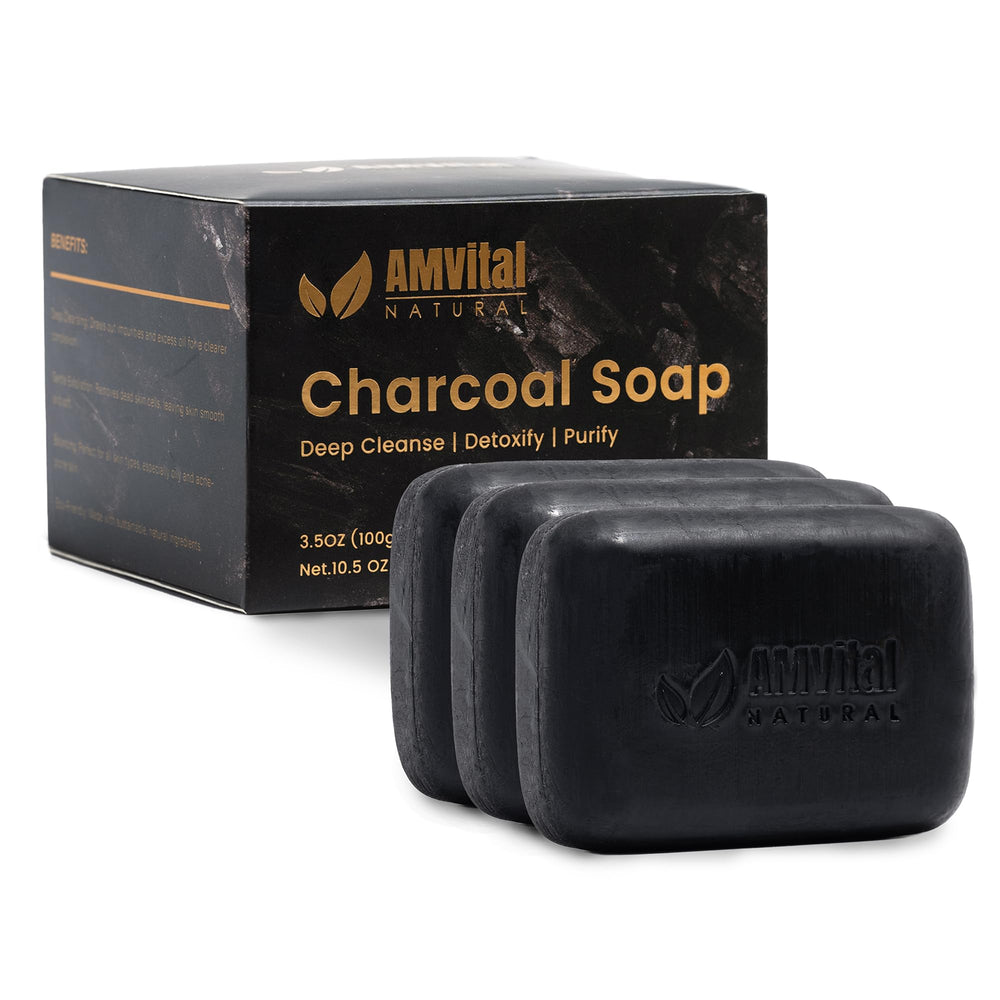 AMVital Savon Charbon Naturel pour visage et corps, lot de 3 barres purifiantes et douces