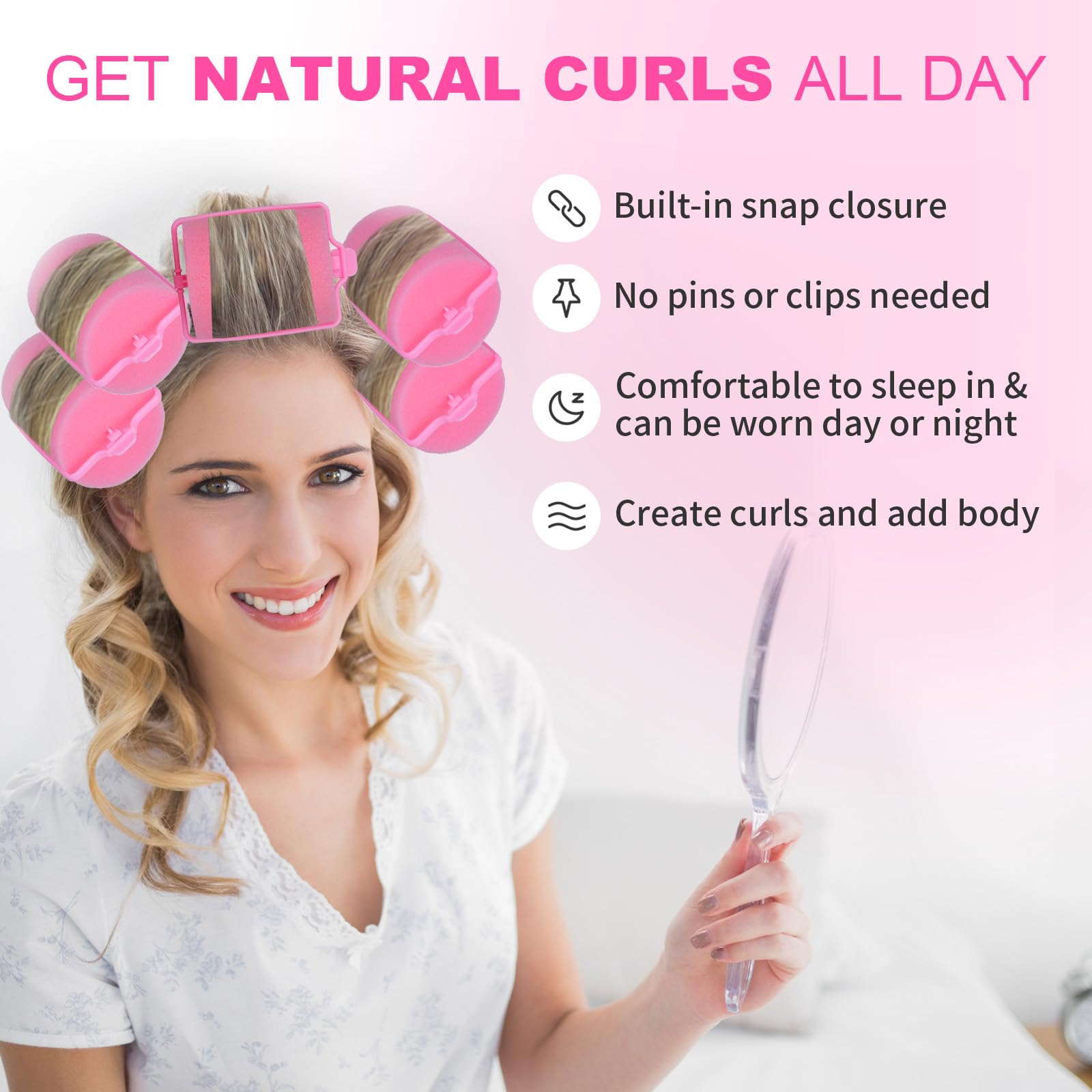 Amzpus rouleaux en mousse rose pour dormir, boucles souples et naturelles.
