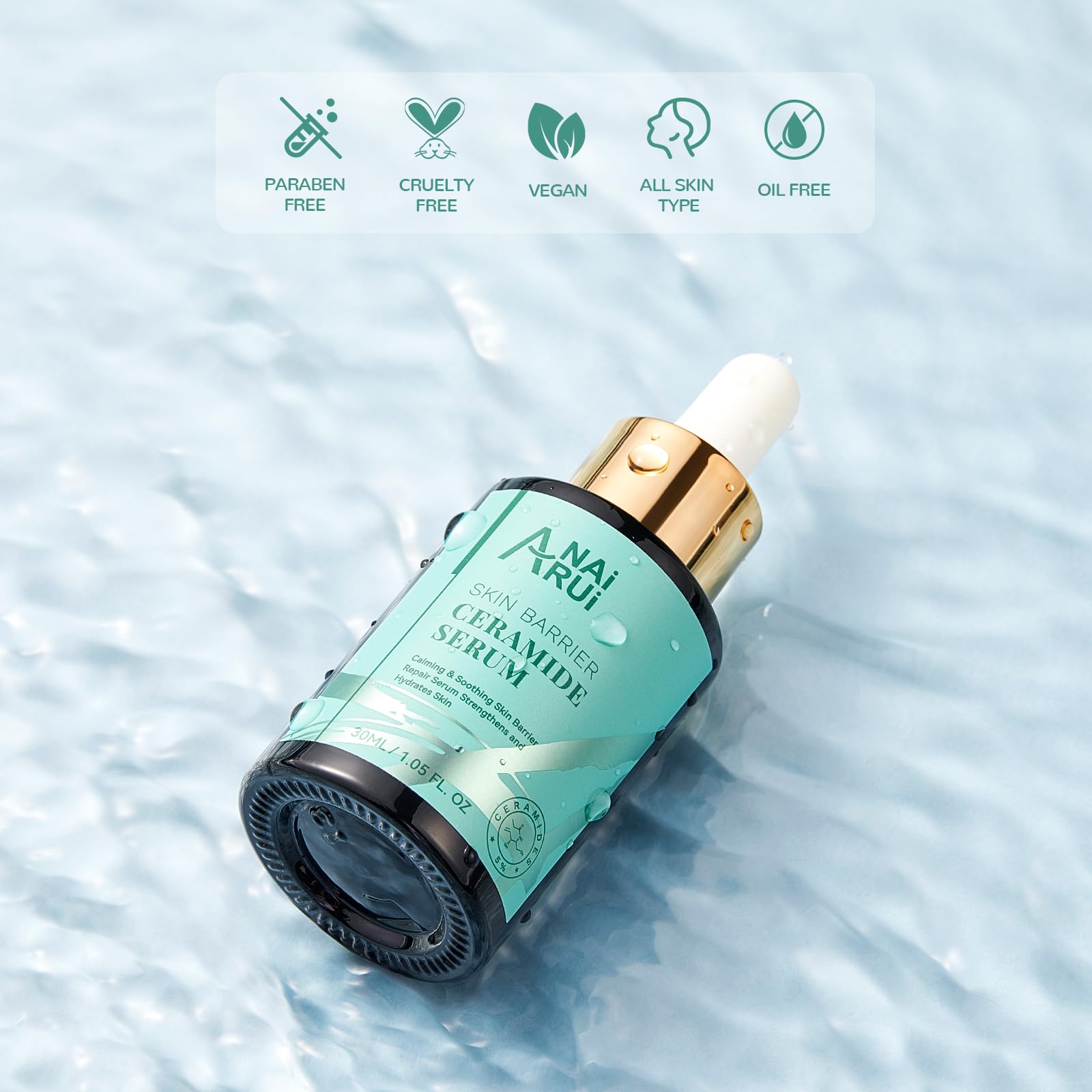 Evening skincare routine featuring ANAI RUI ceramide serum for calm, moisturized skin