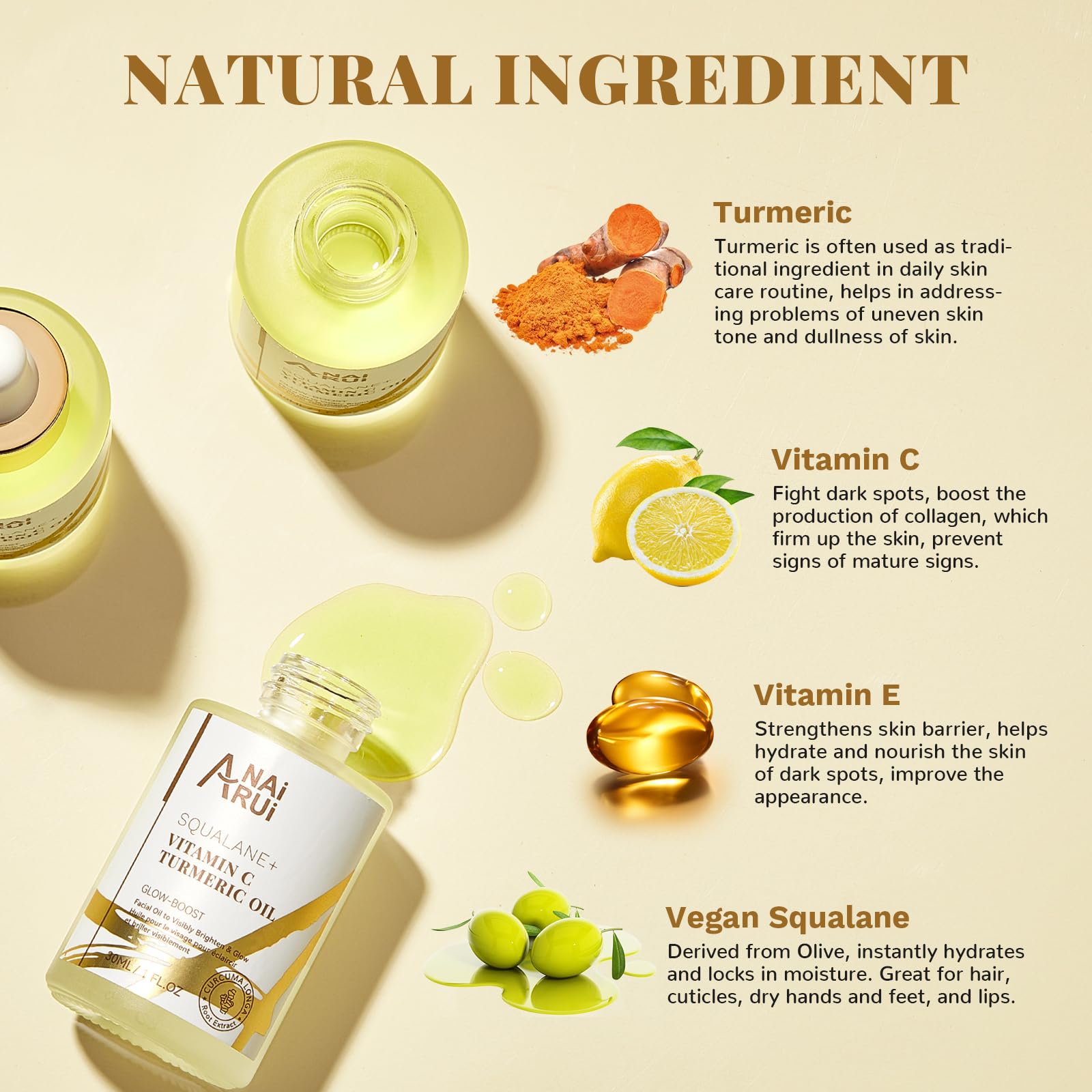 ANAI RUI ingrédients squalane-turmeric-vitamine C, soin nourrissant et revitalisant.