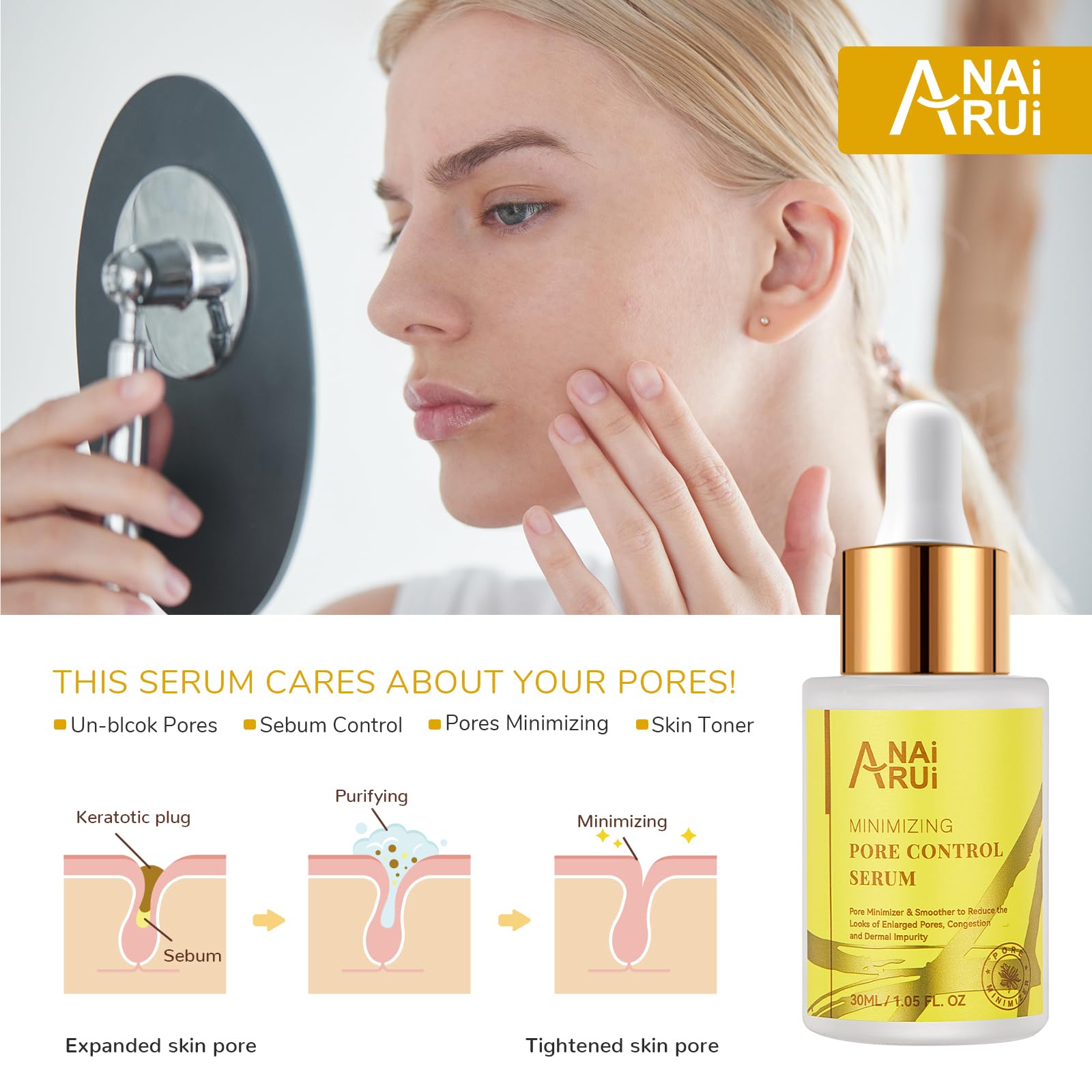 ANAI RUI Pore Minimizer Serum – illustration des pores qui se resserrent et peau nette