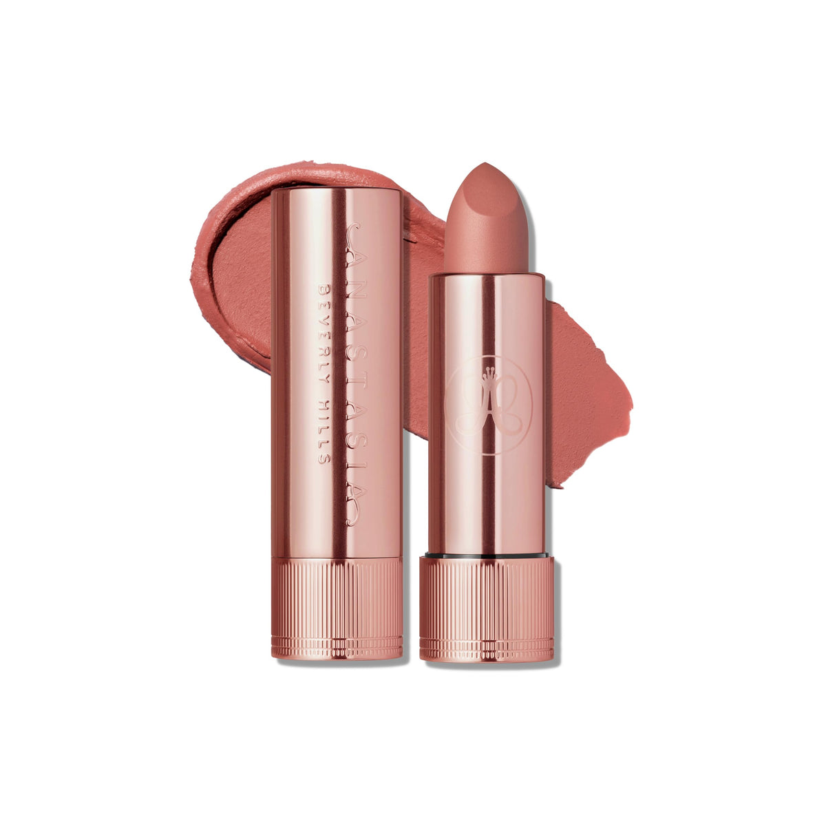 Anastasia Beverly Hills Rouge Mat Blush Brown sur les levres, couleur durable.