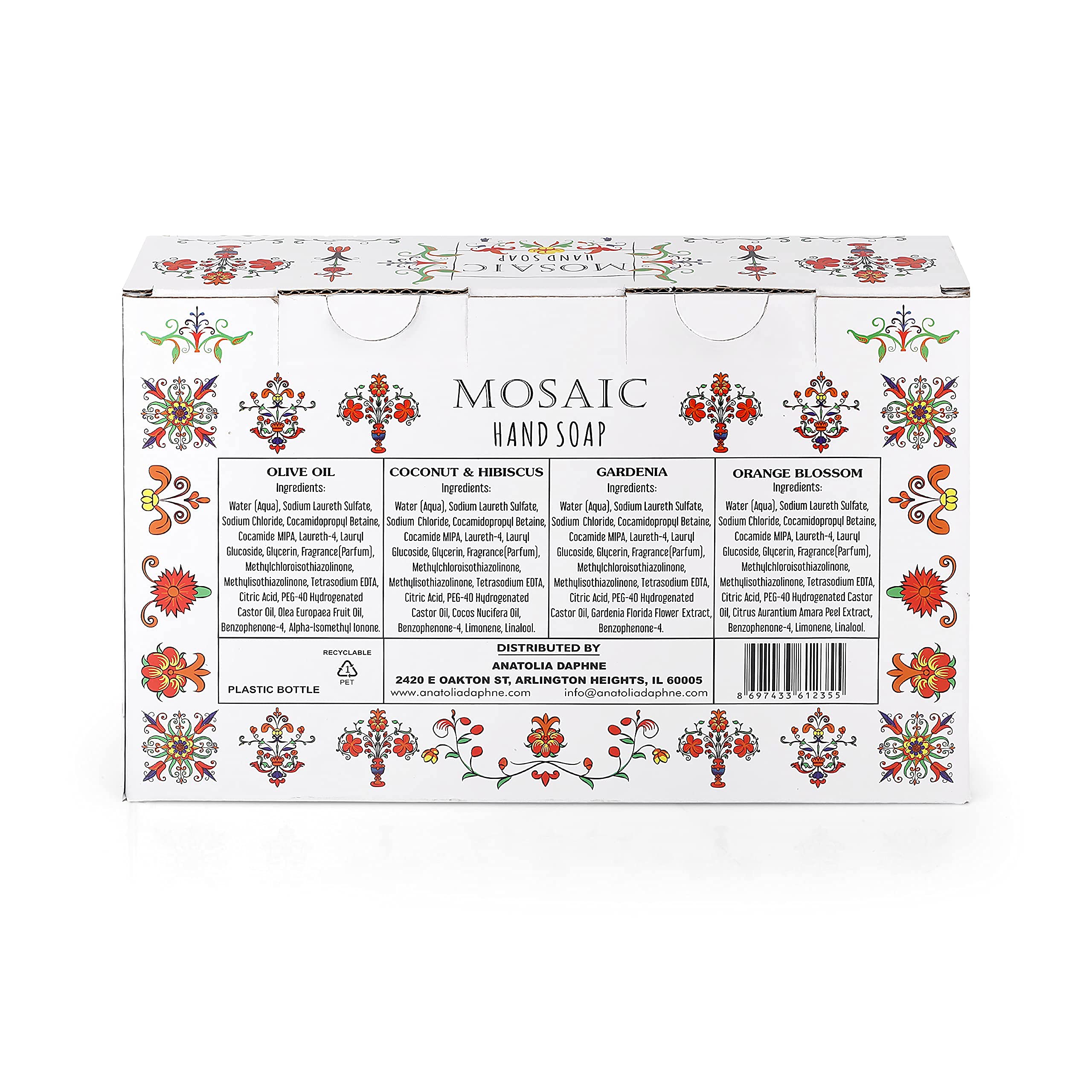 Ensemble mosaïque AnatoliaDaphne, quatre flacons prêts à l’emploi pour la maison.