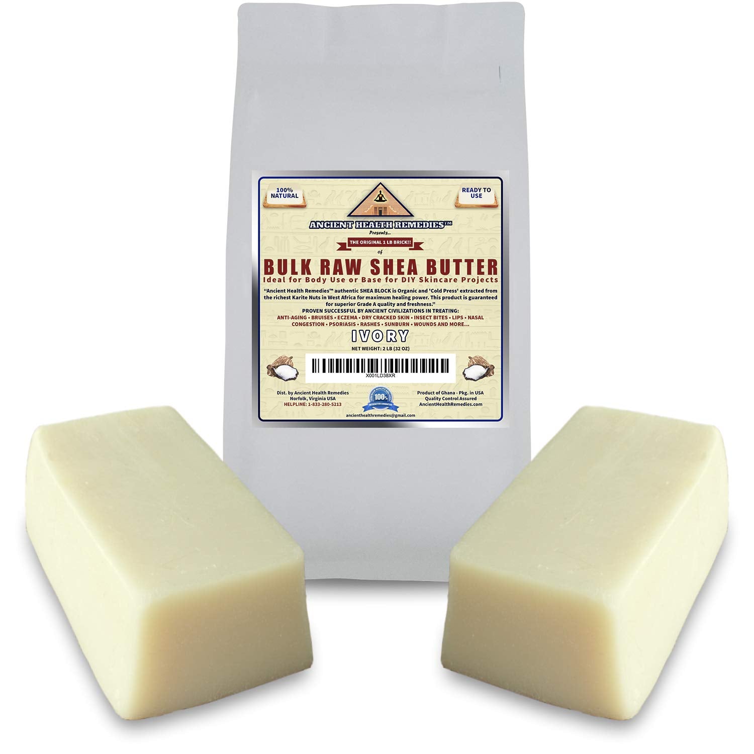 Ancient Health Remedies Beurre Karité Blanc Africain en bloc, texture crémeuse pour hydrater durablement.