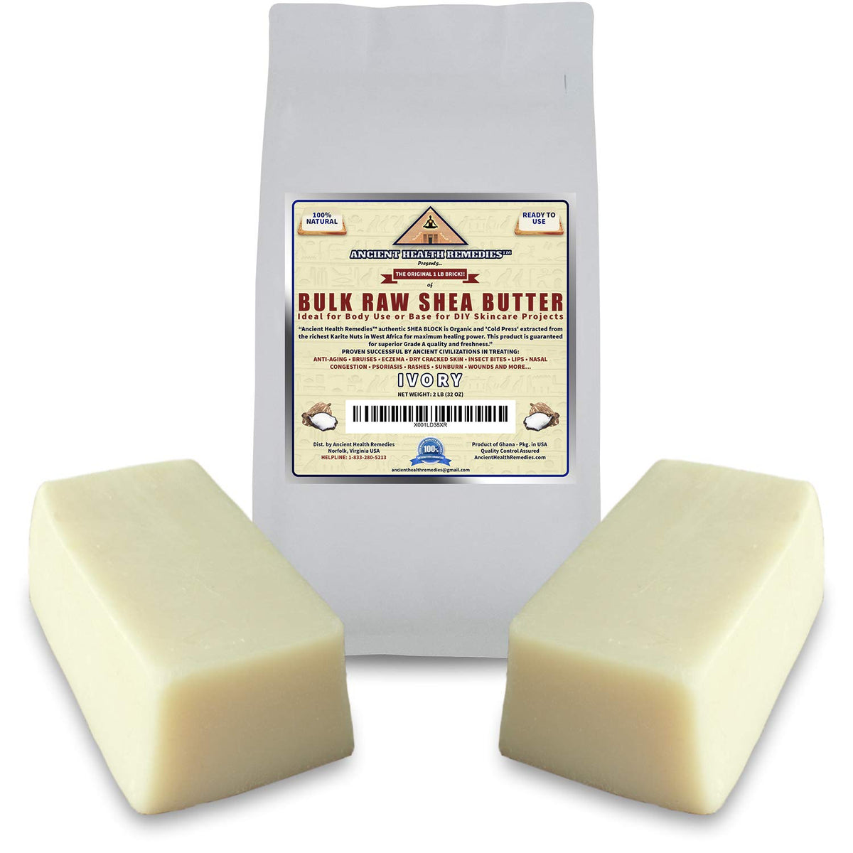 Ancient Health Remedies Beurre Karité Blanc Africain en bloc, texture crémeuse pour hydrater durablement.