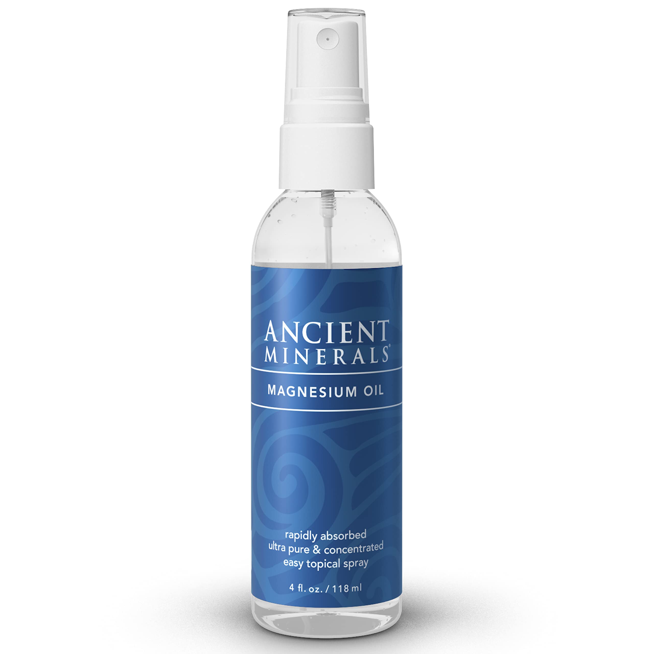 Ancient Minerals magnesium oil spray bottle for fragrance-free topical care.