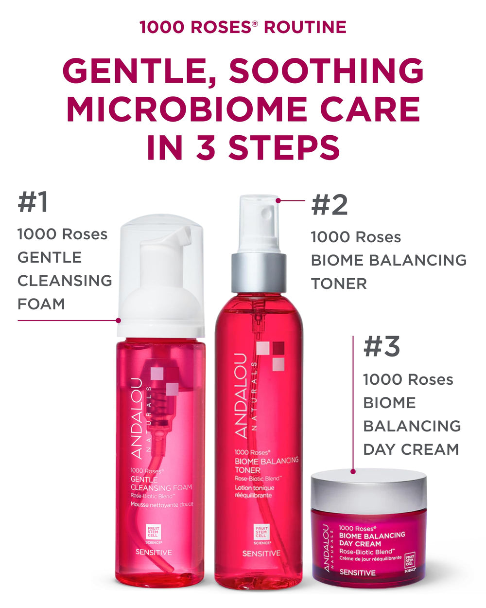 Andalou Naturals 1000 Roses – extrait Rosa Centifolia pour texture plus lisse.