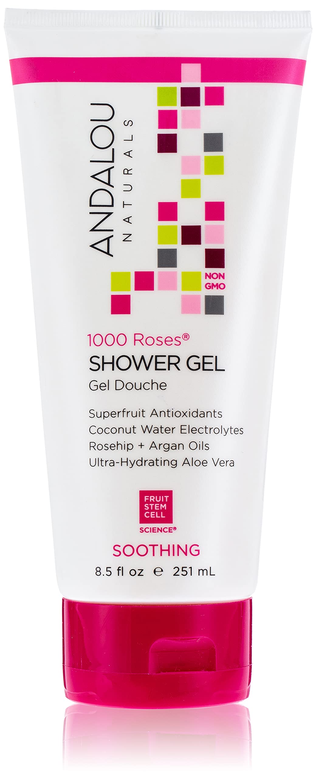 Gel douche Andalou Naturals 1000 Roses en bouteille, douceur hydratante.