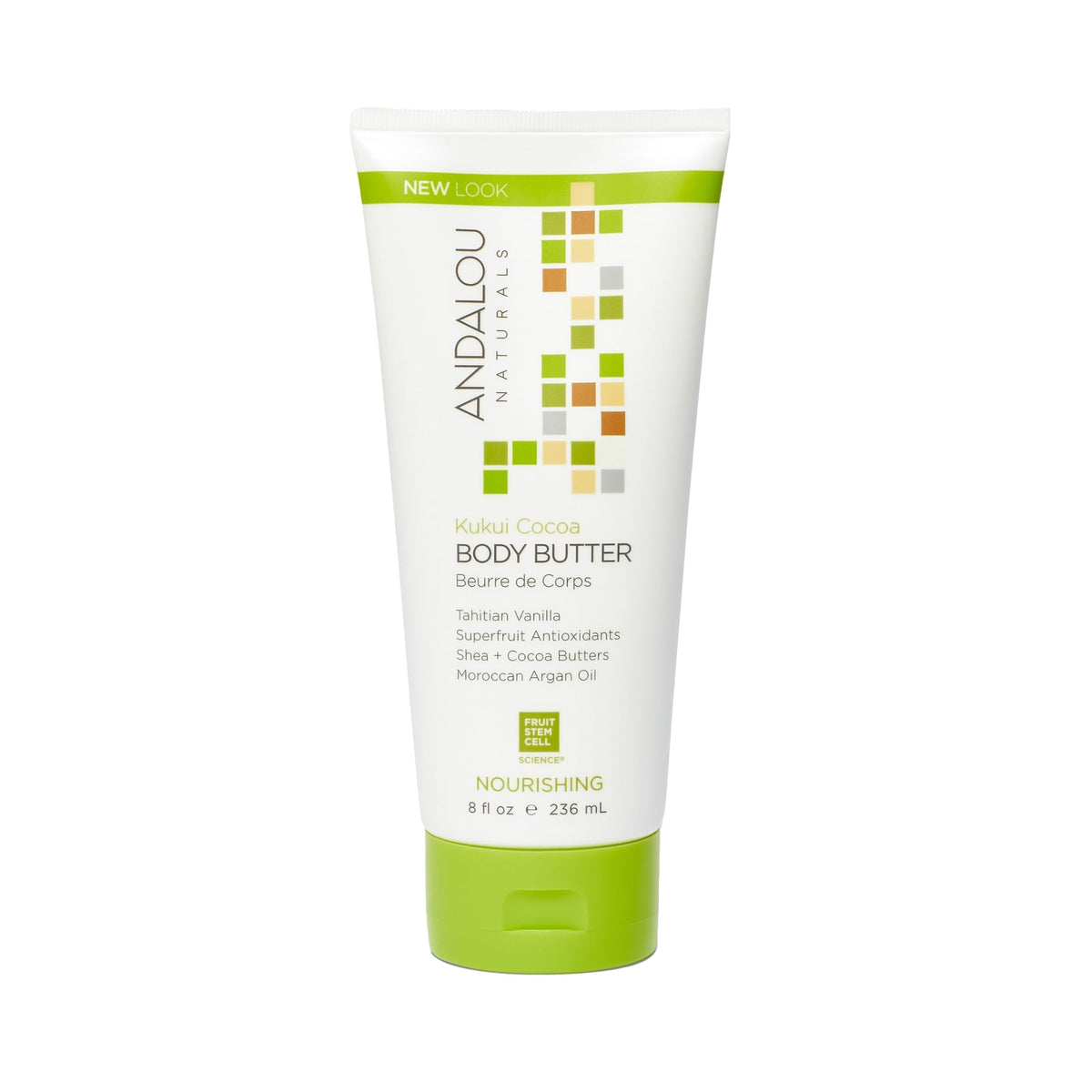 Beurre corporel Kukui Cocoa d'Andalou Naturals, texture riche et nourrissante pour peau sèche.