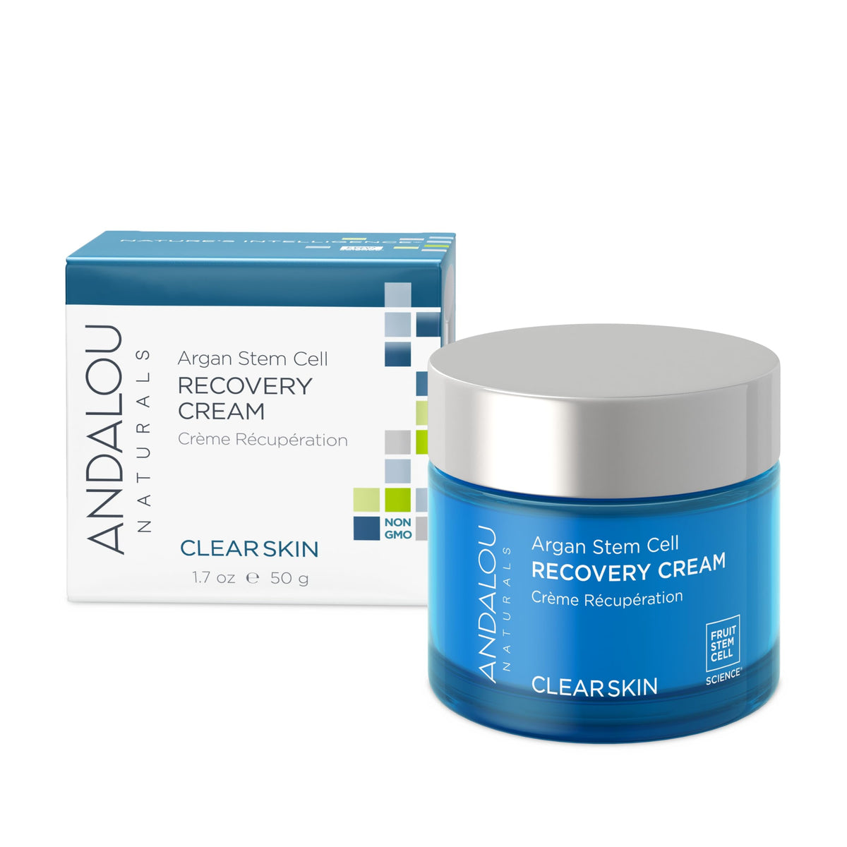 Andalou Naturals Crème Argane Stem Cell: bouteille présentée, soin nourrissant pour peau grasse.