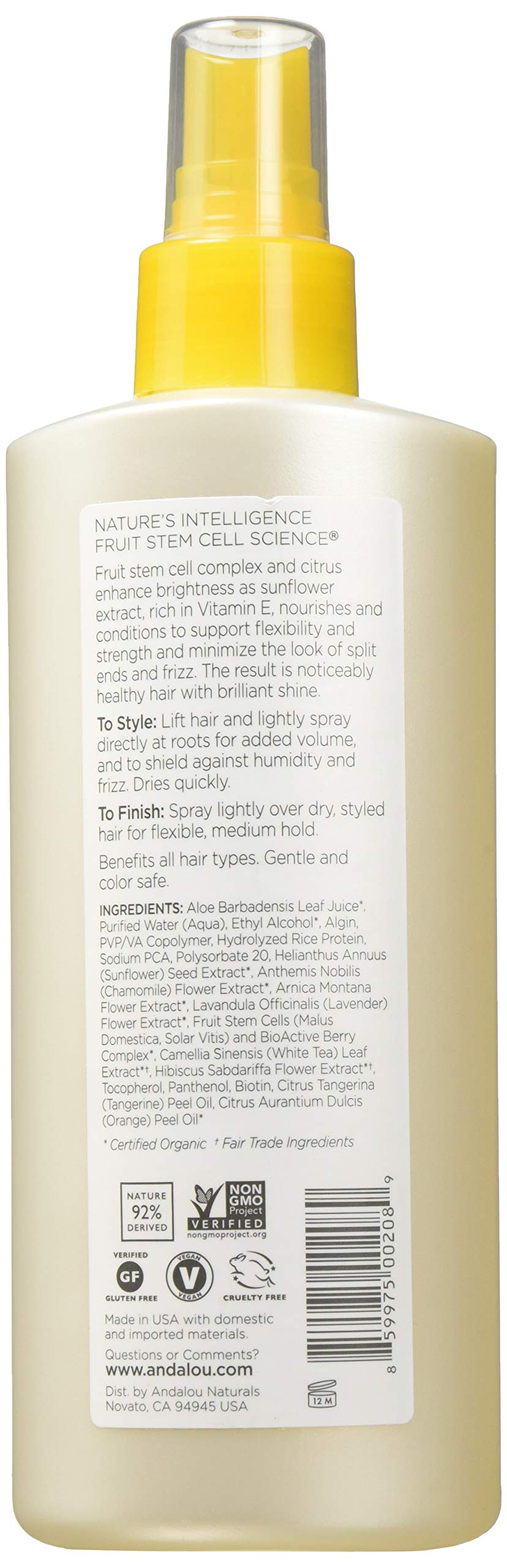 Andalou Naturals spray capillaire, application rapide, coiffage facilité.