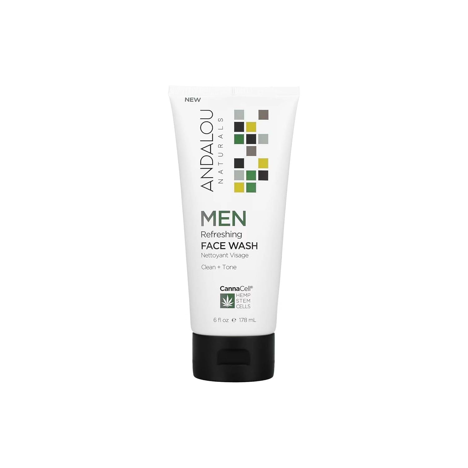 Andalou Naturals Men Refreshing Face Wash : bouteille avant, nettoyage en douceur et préparation au rasage