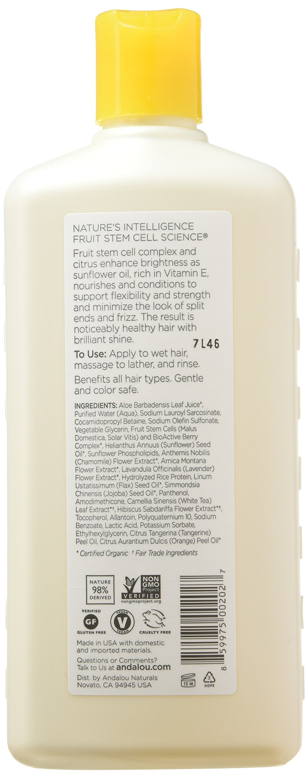 Andalou Naturals Shampoing Tournesol Agrume – mousse généreuse pour un lavage doux.