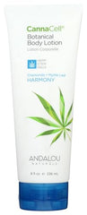 Lotion CannaCell Harmony d'Andalou Naturals sur flacon, hydratation douce pour le corps