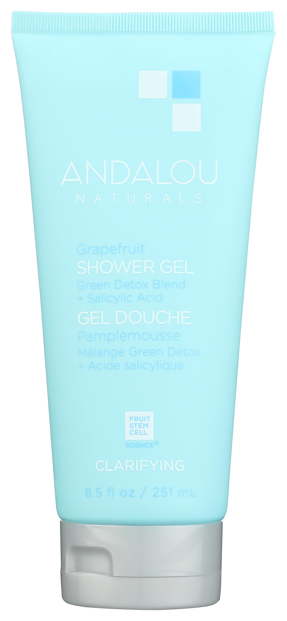 Gel douche Clarifiant Andalou Naturals au pamplemousse, texture légère et parfum rafraîchissant.