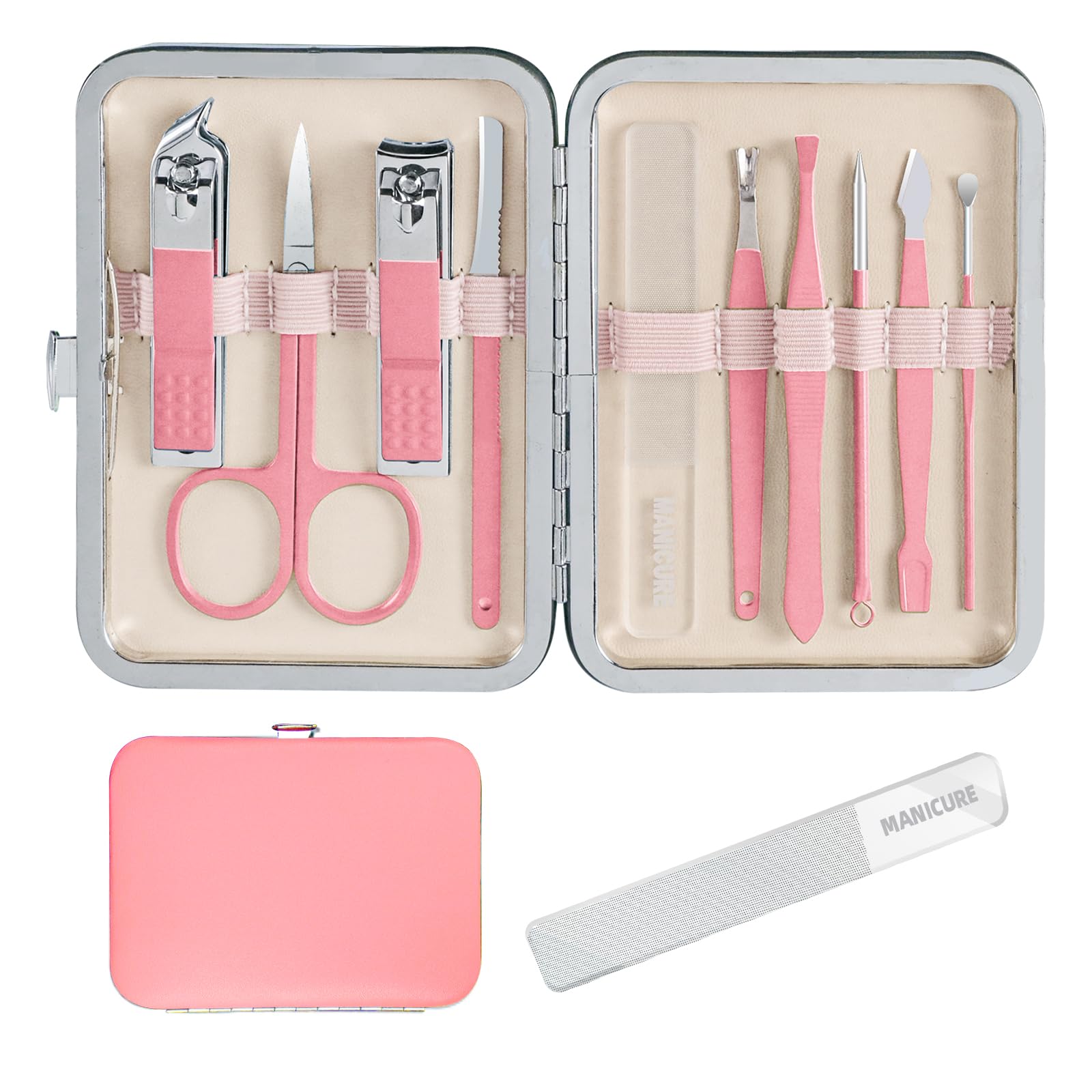 Le kit Andrea ensemble-manucure-10en1 avec pochette rose, idéal pour des soins rapides à domicile.