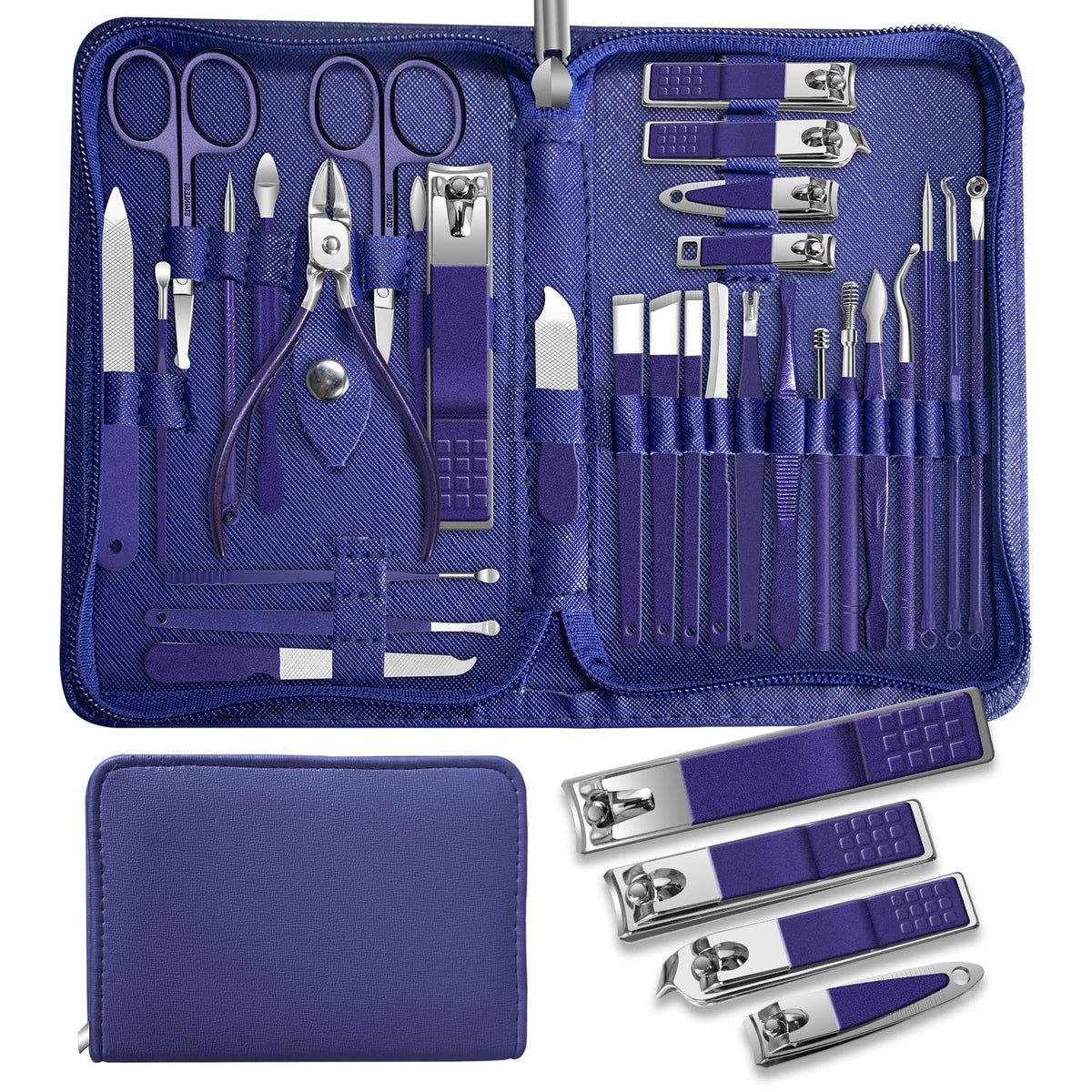 Andrea ensemble-manucure-30-elements-bleu-etui : kit tout-en-un pour soins mains et ongles en voyage.