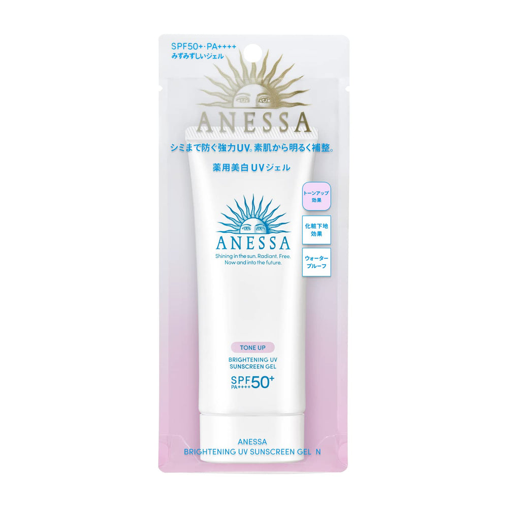 Texture légère du gel solaire Anessa, teint lumineux et résistance à l'eau.