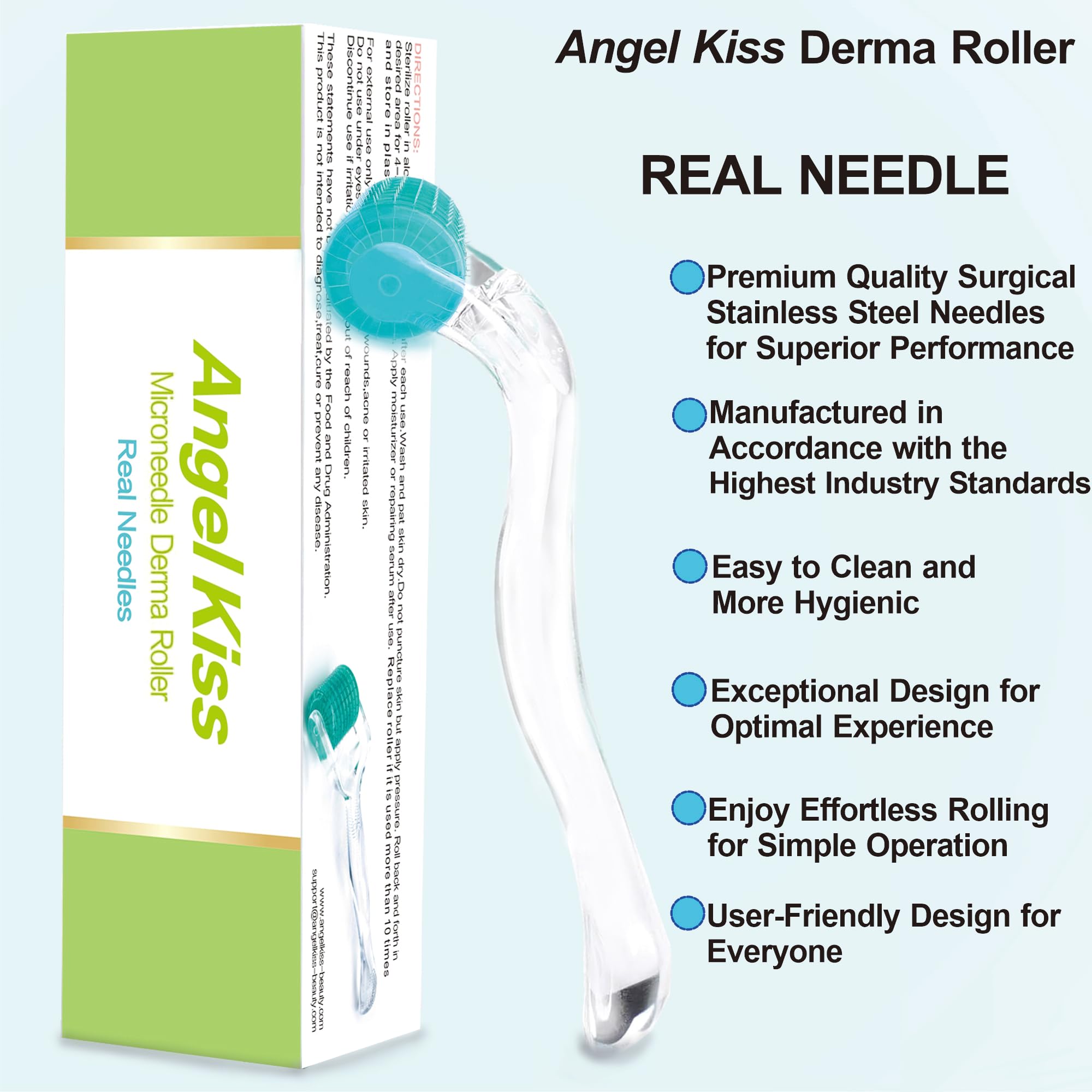 Gros plan sur les aiguilles 0,3 mm du Angel Kiss Derma Roller pour précision.