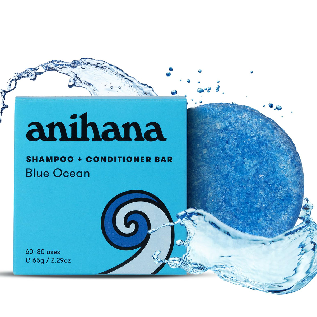 ANIHANA barre-shampoing-conditionneur bleu océan : parfum frais imagé pour cheveux propres et brillants.