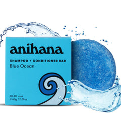 ANIHANA barre-shampoing-conditionneur bleu océan : parfum frais imagé pour cheveux propres et brillants.