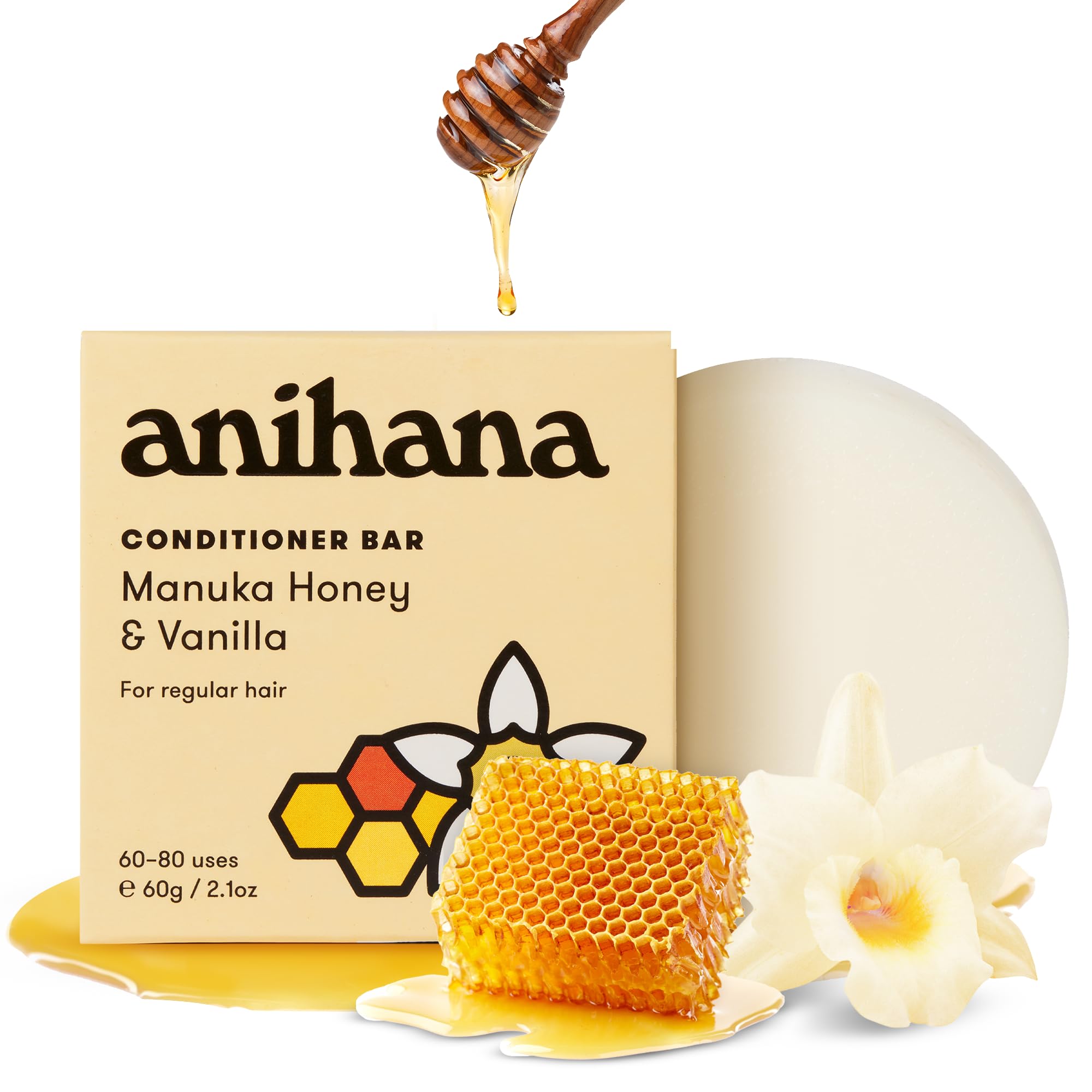 ANIHANA conditionneur-bar miel-manuka vanille, vue rapprochée, cheveux parfumés et revitalisés.