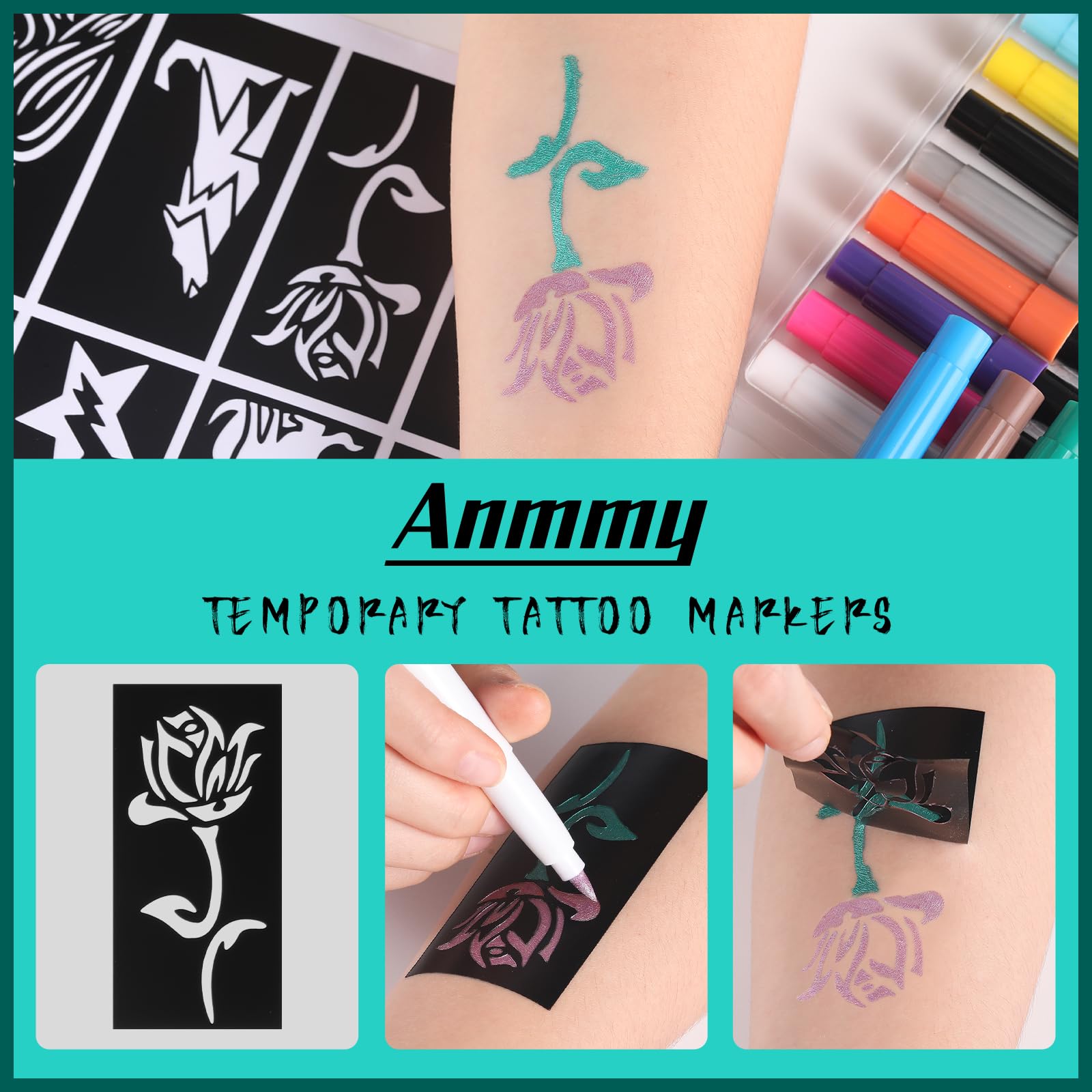 Anmmy marqueurs tatouage métalliques – pochoirs 77 grands pour motifs variés.