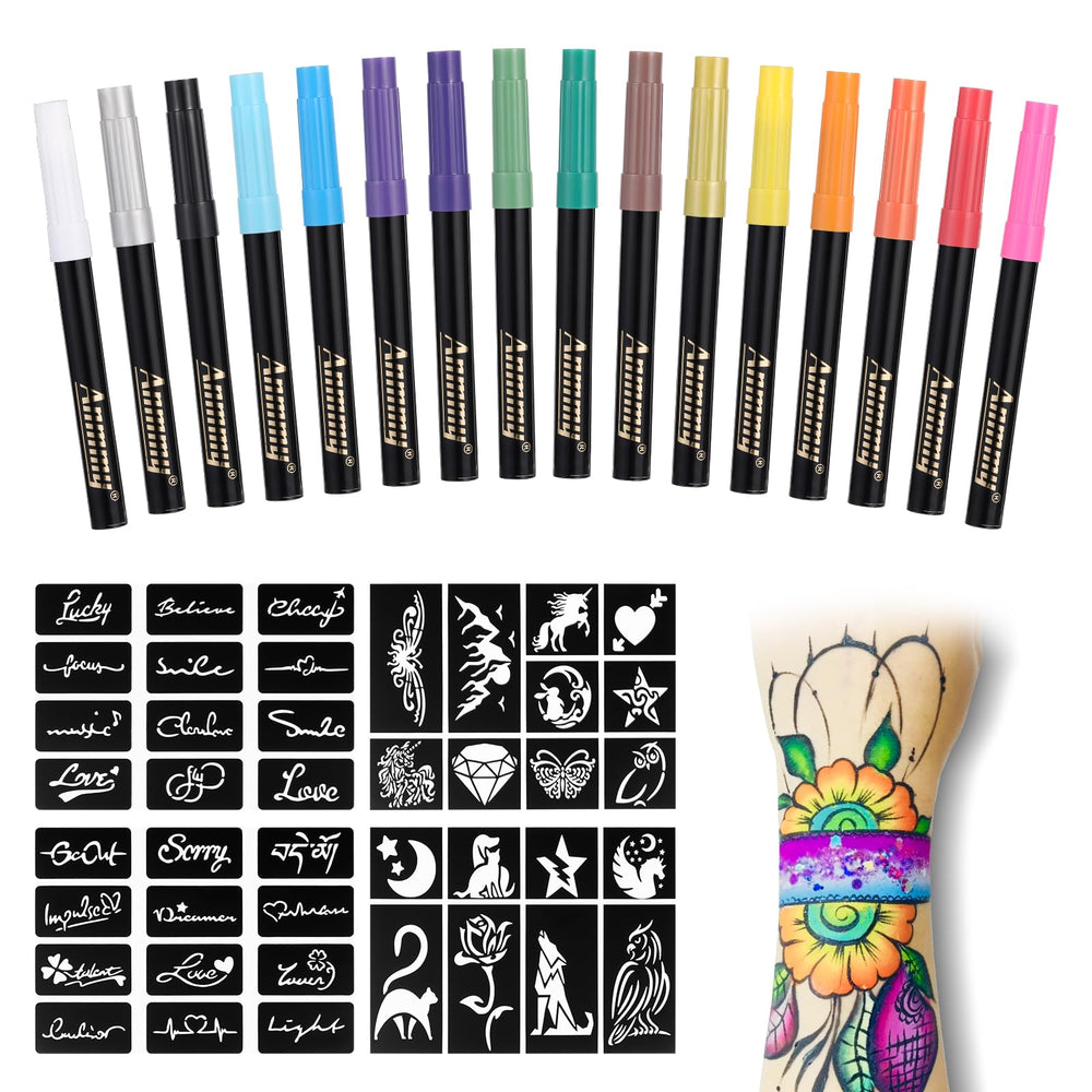 Anmmy marqueurs-tatouage-peau: palette de 16 couleurs pour décorations éphémères.