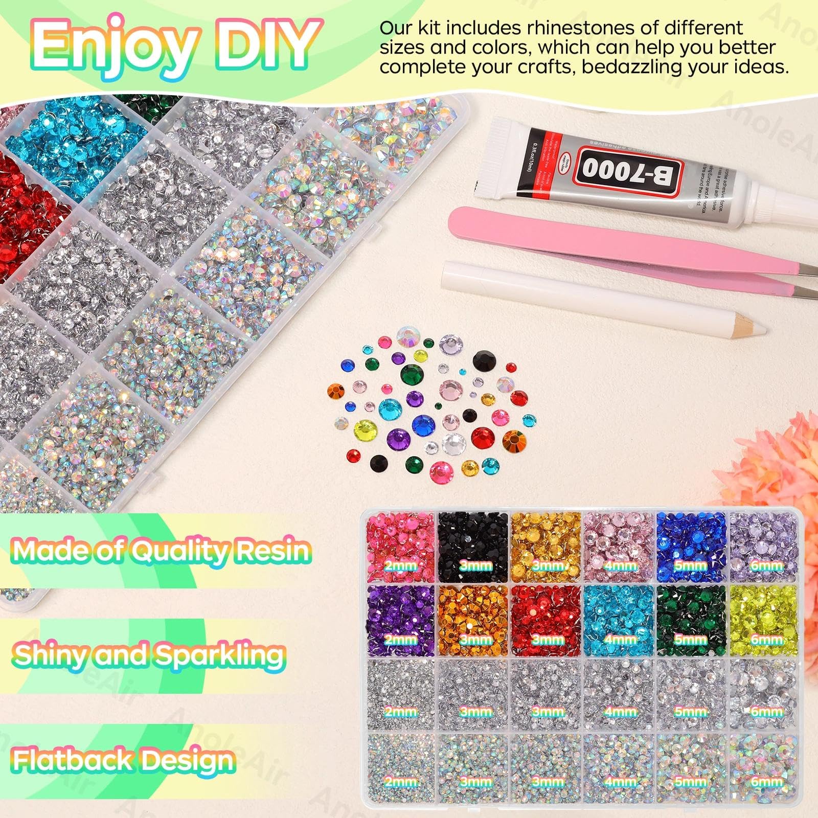 AnoleAir rhinestones résine à dos plat 5mm pour surfaces étendues et effets