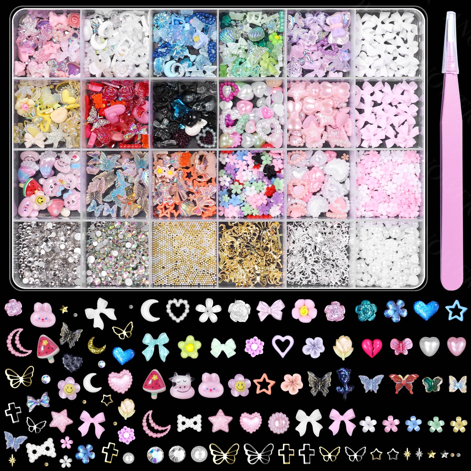 Anower coffret 24 grilles de charms pour nail art, design varié.