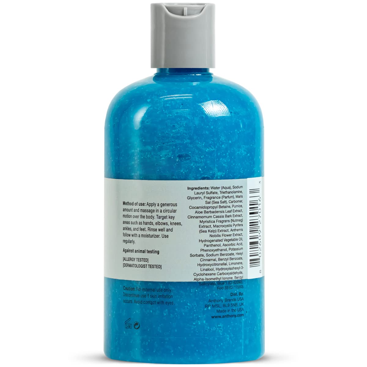 Anthony gommage corps etiquette-emballage cruelty-free et dermatologiquement testé