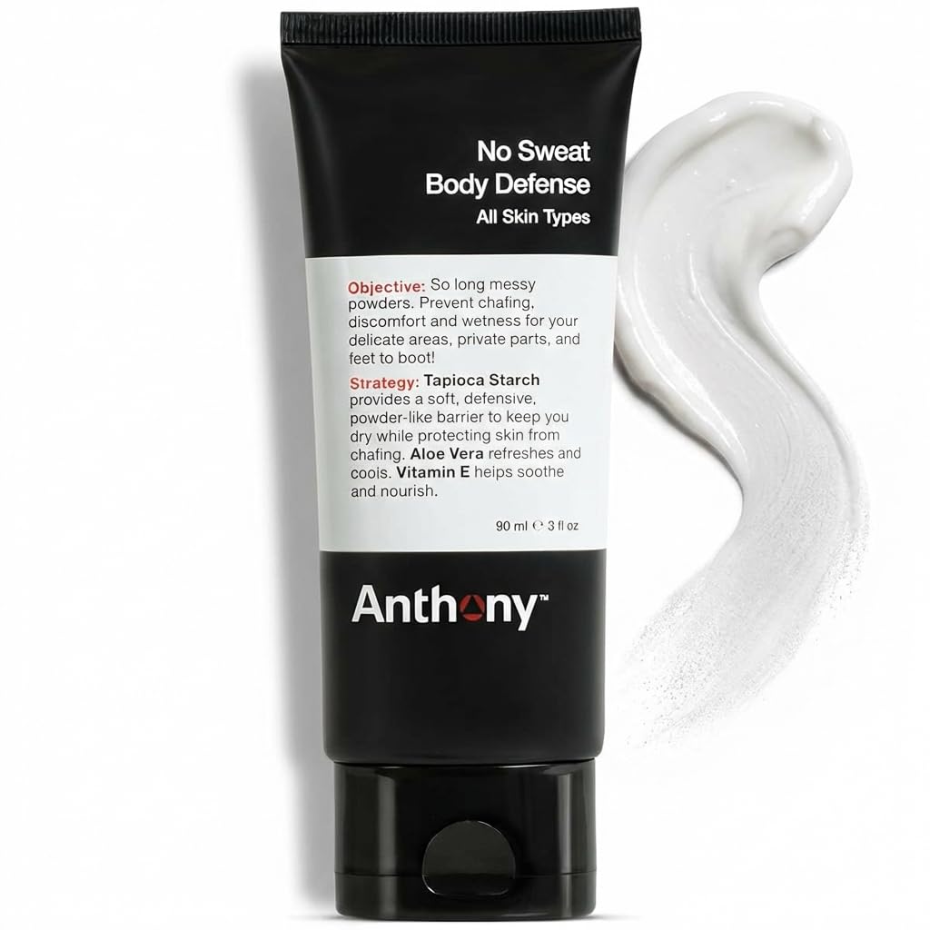 Anthony No Sweat : bouteille-creme-poudre montrant absorption rapide et fraîcheur durable.