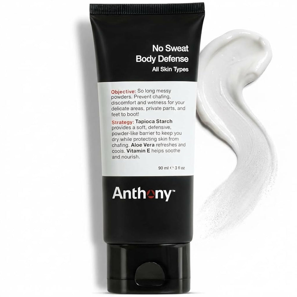 Anthony No Sweat : bouteille-creme-poudre montrant absorption rapide et fraîcheur durable.