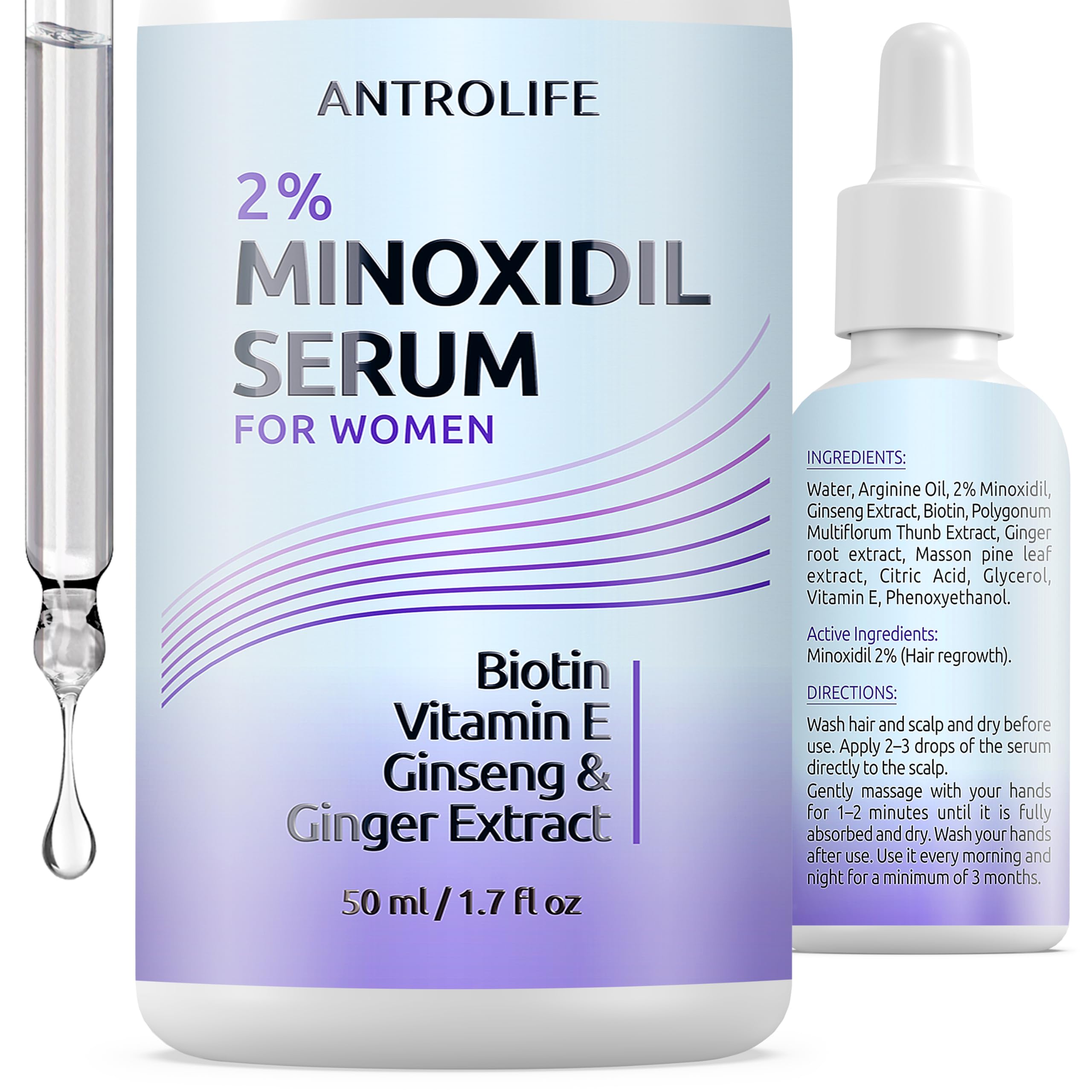ANTROLIFE Minoxidil femme 2% bouteille en gros plan, potentiel pour densité capillaire.