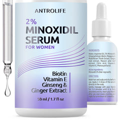 ANTROLIFE Minoxidil femme 2% bouteille en gros plan, potentiel pour densité capillaire.