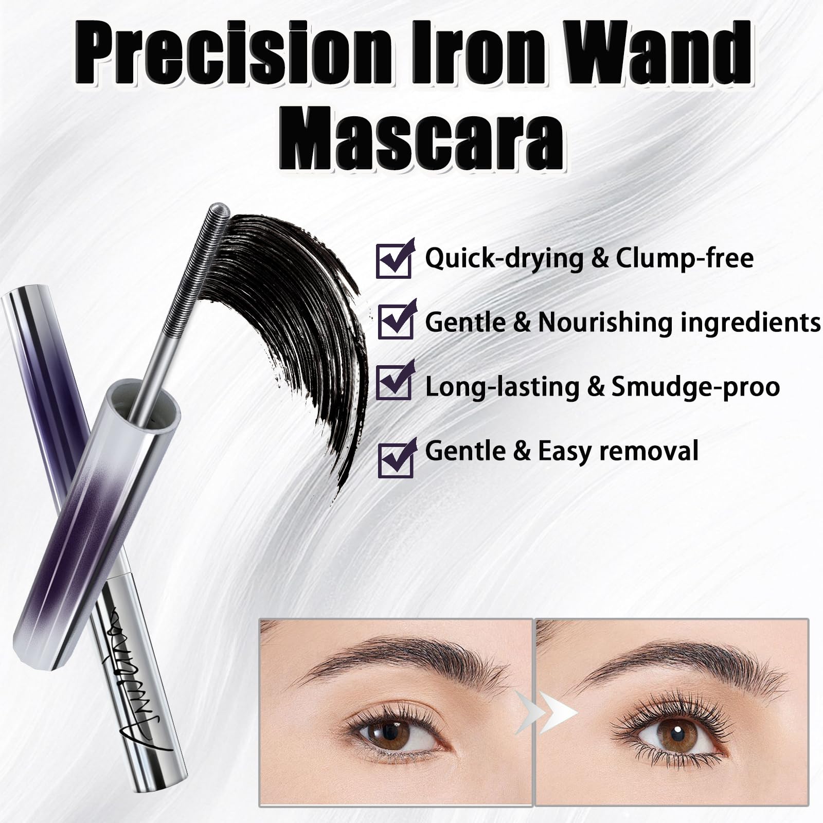 Anweina Metal Wand Mascara demonstrates 3D curl for lifted lashes.