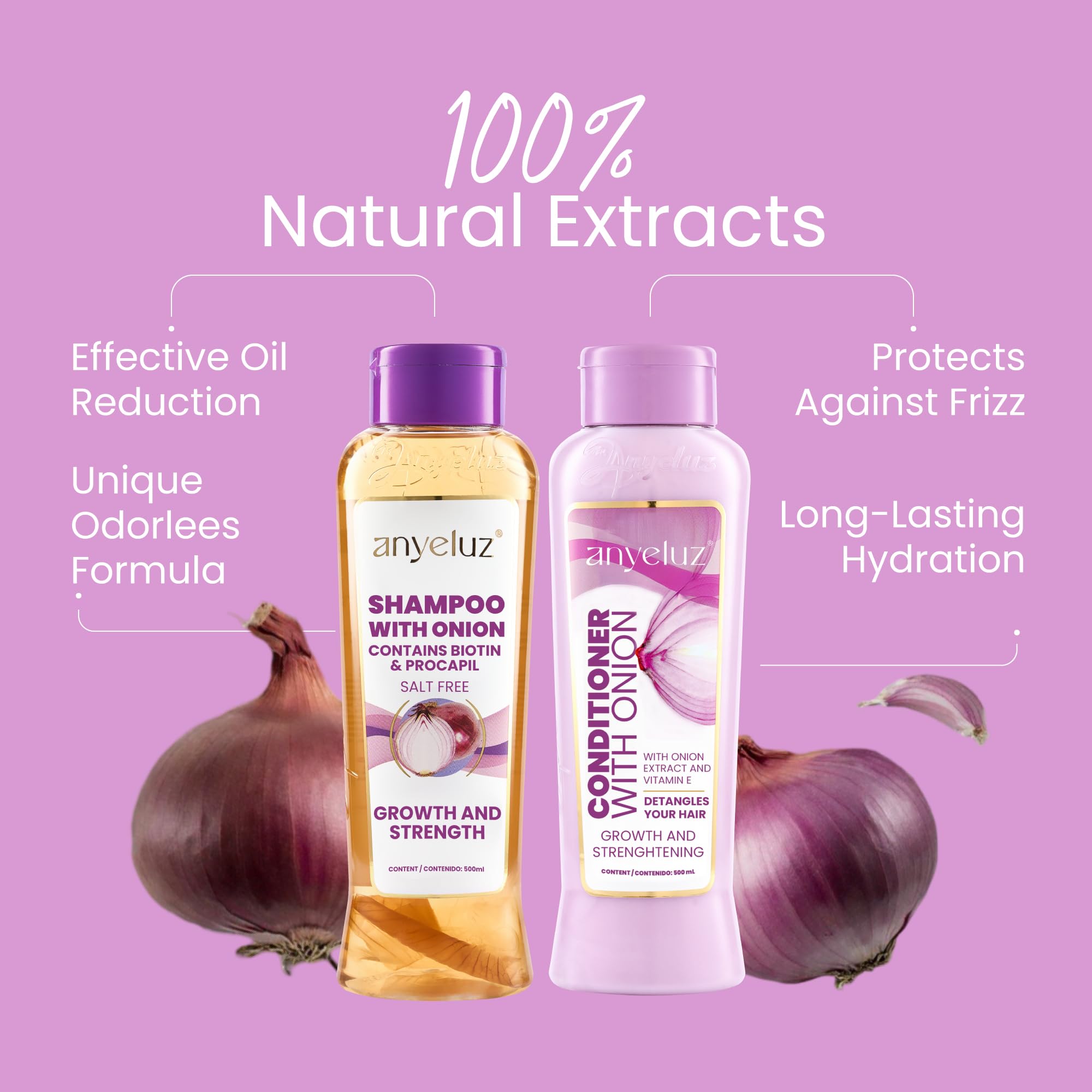 ANYELUZ Après-shampoing à l'oignon, texture crémeuse facilitant le coiffage et apaisant le cuir chevelu.