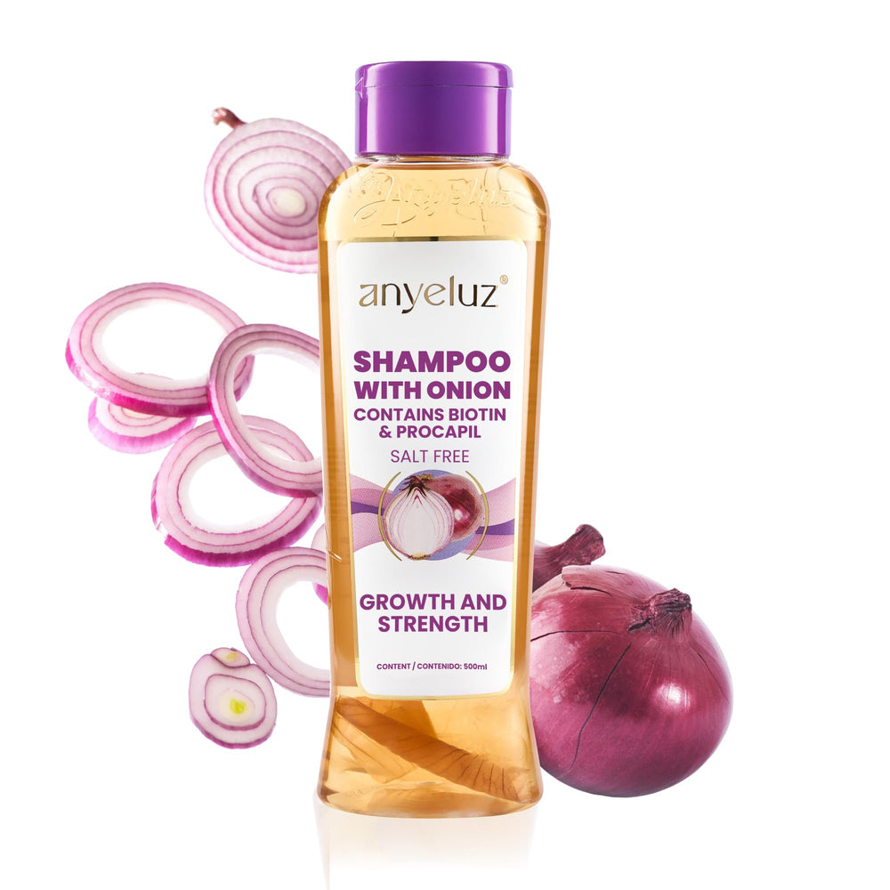 Anyeluz Onion Shampoo bottle front showing odorless formula for daily freshness