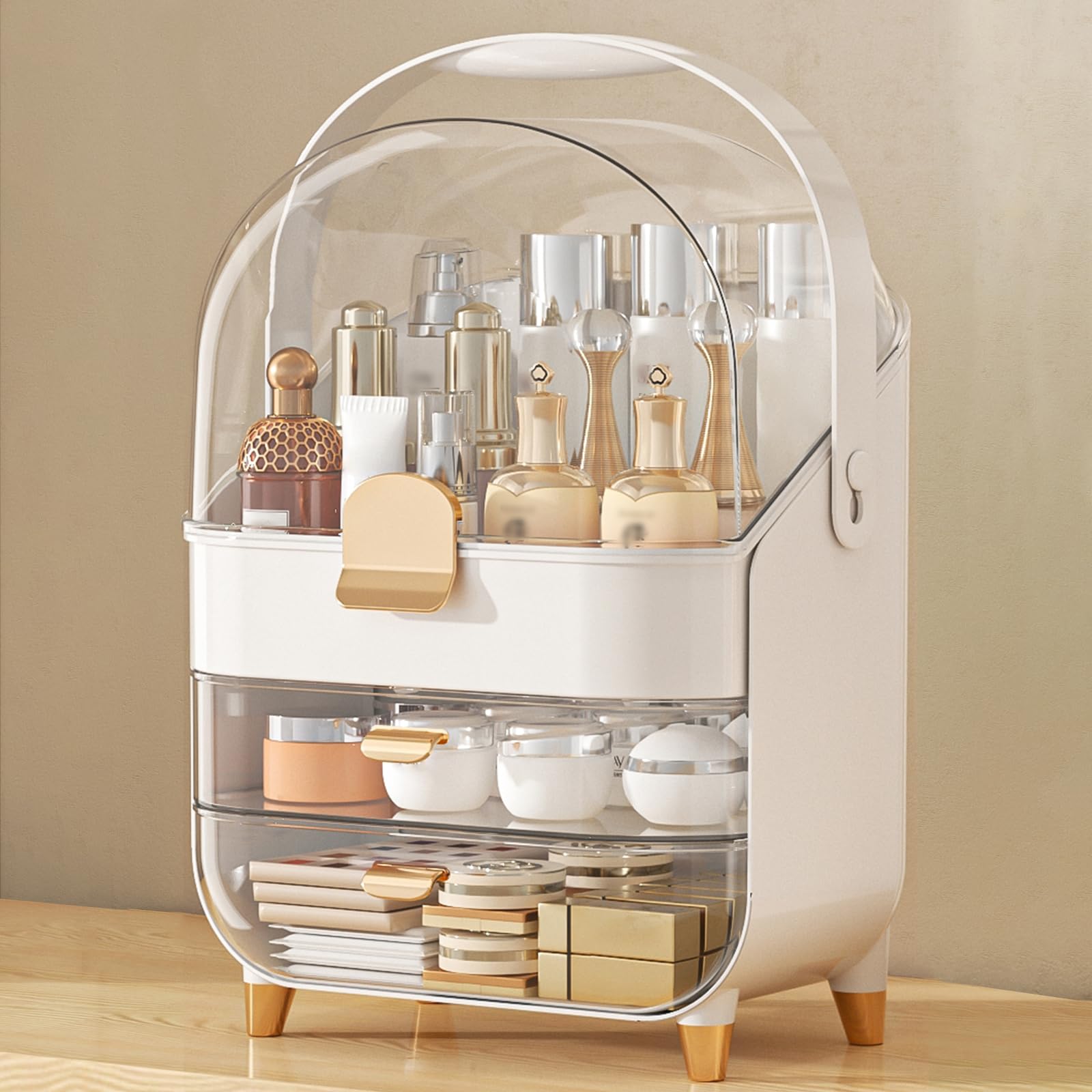 Anylady organiseur cosmétique sur comptoir rose doré, accès rapide.