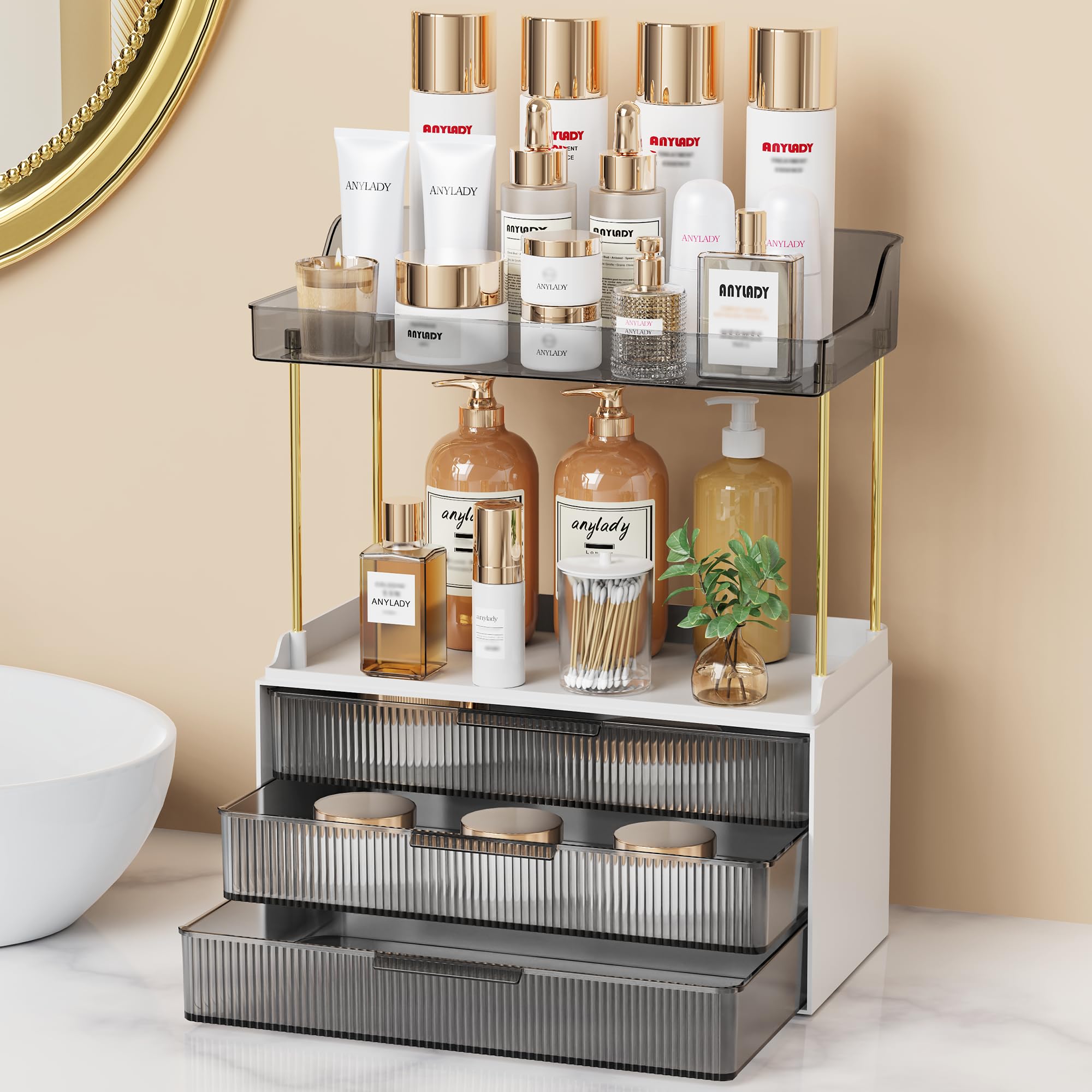 Anylady-organisateur salle-bain 3-niveaux-amovibles pour rangement modulable.