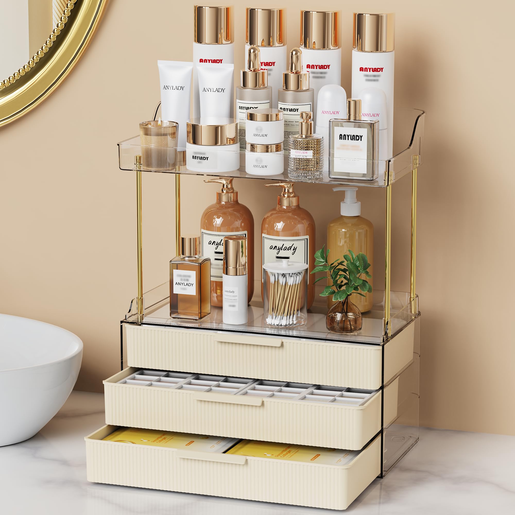 Anylady organiseur salle de bains à 3 niveaux, stabilité et rangement optimisé.