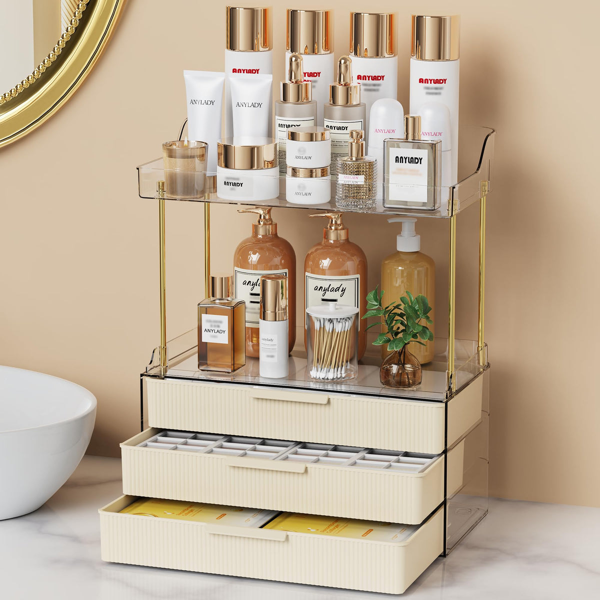 Anylady organiseur salle de bains à 3 niveaux, stabilité et rangement optimisé.