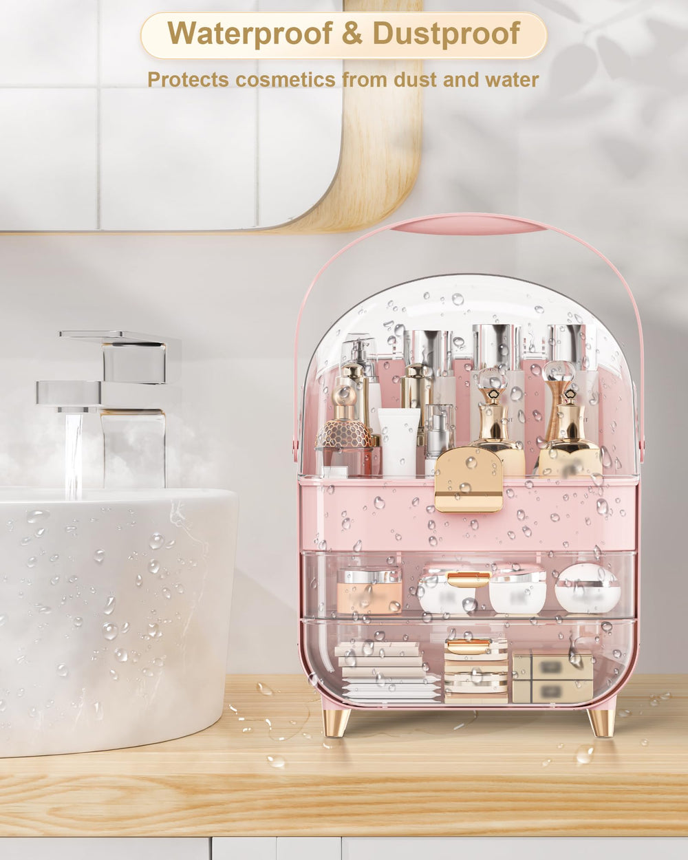 Anylady Organisateur coiffeuse rose: espace optimisé et esthétique pour la salle de bains.