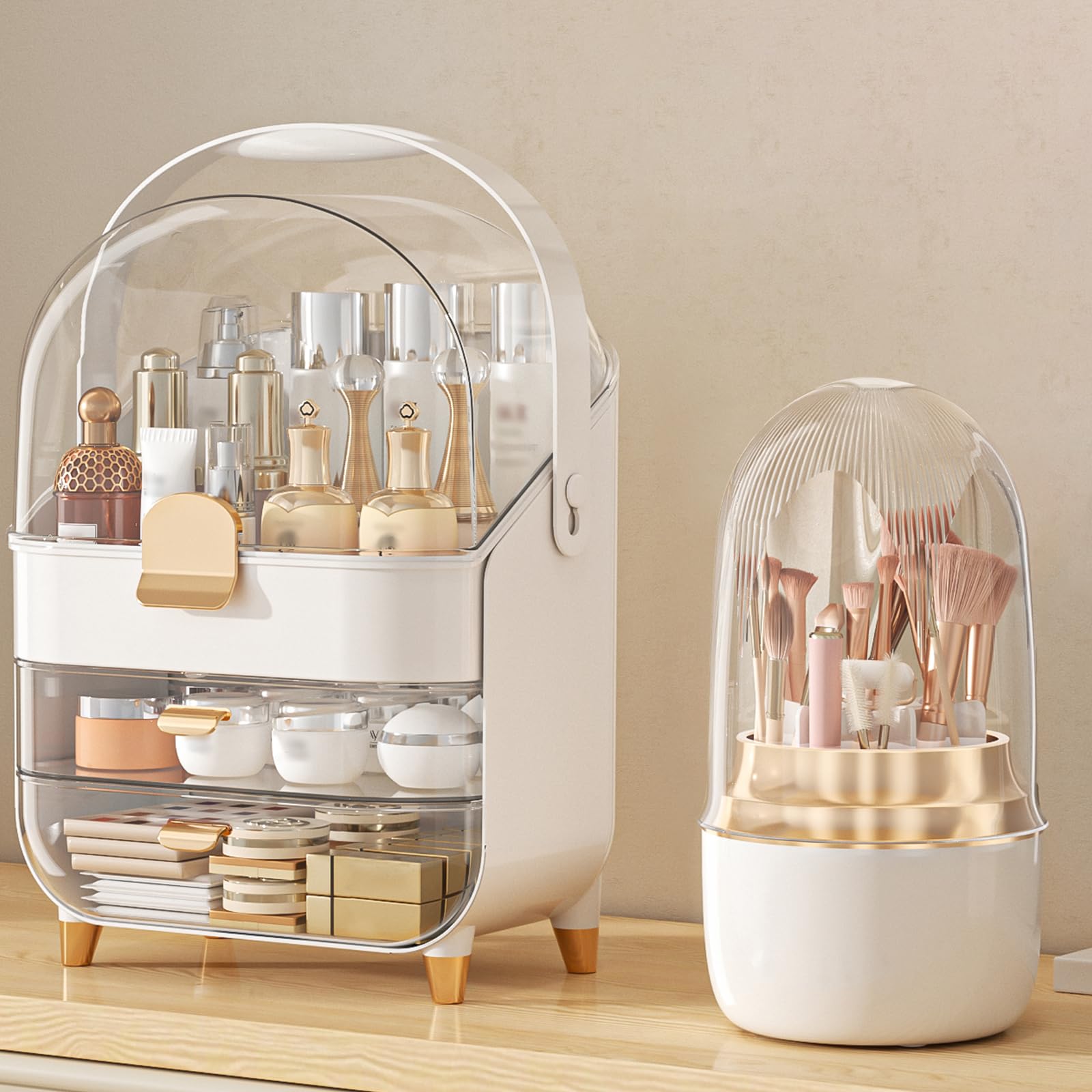 Anylady organiseur-maquillage rose doré avec trois étages pour rouges à lèvres et pinceaux.