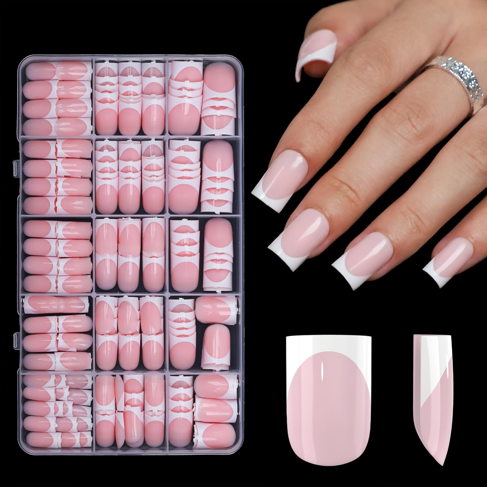 Anyos 300pcs d'ongles carrés francais rose, pose rapide sans lime.