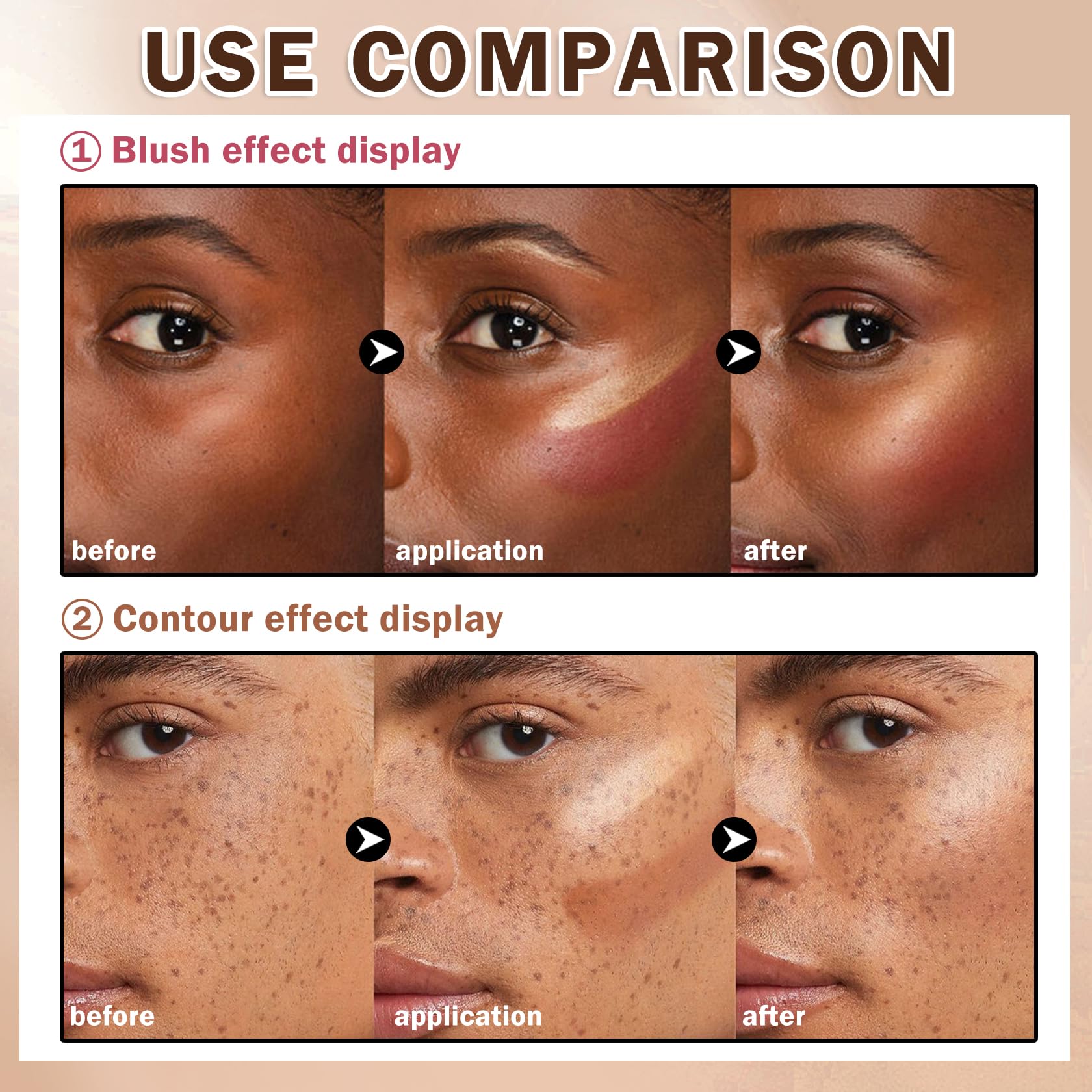 Échantillons de teintes blush et correcteur, nuances variées