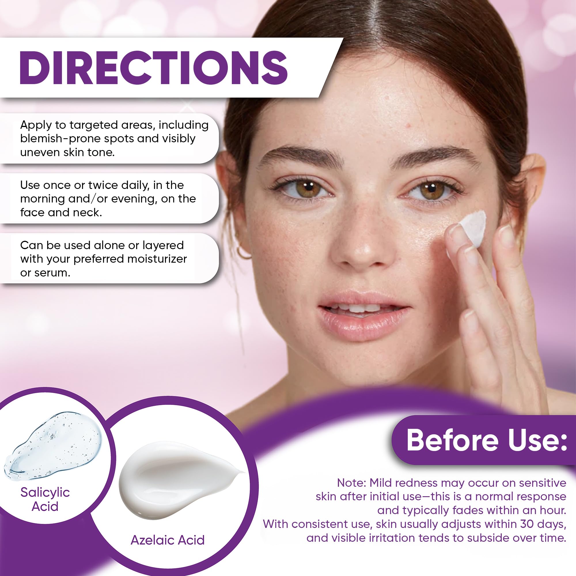 Texture smoothing visuals suggest reduced roughness and refined skin texture