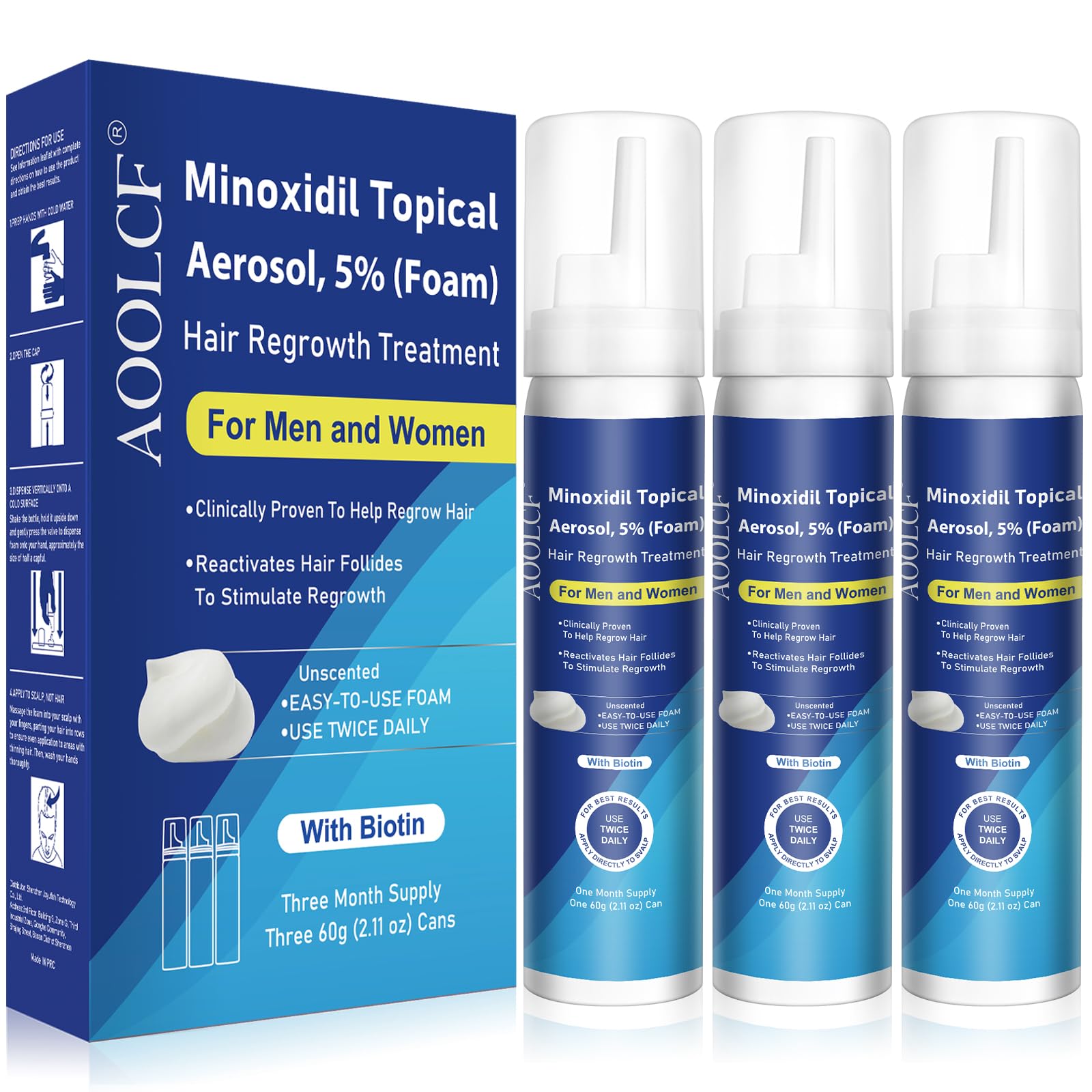AOOLCF Minoxidil 5% : mousse prête à l’emploi pour cheveux plus épais