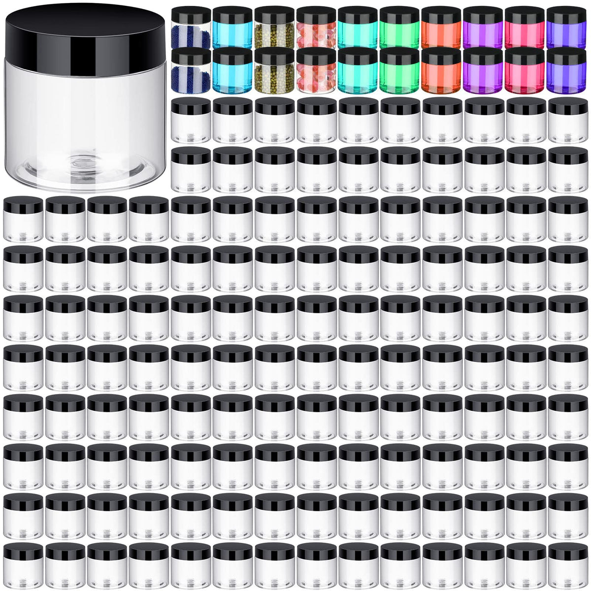 Pot plastique rond Aoriher 2oz avec couvercle noir, idéal pour voyage et rangement.
